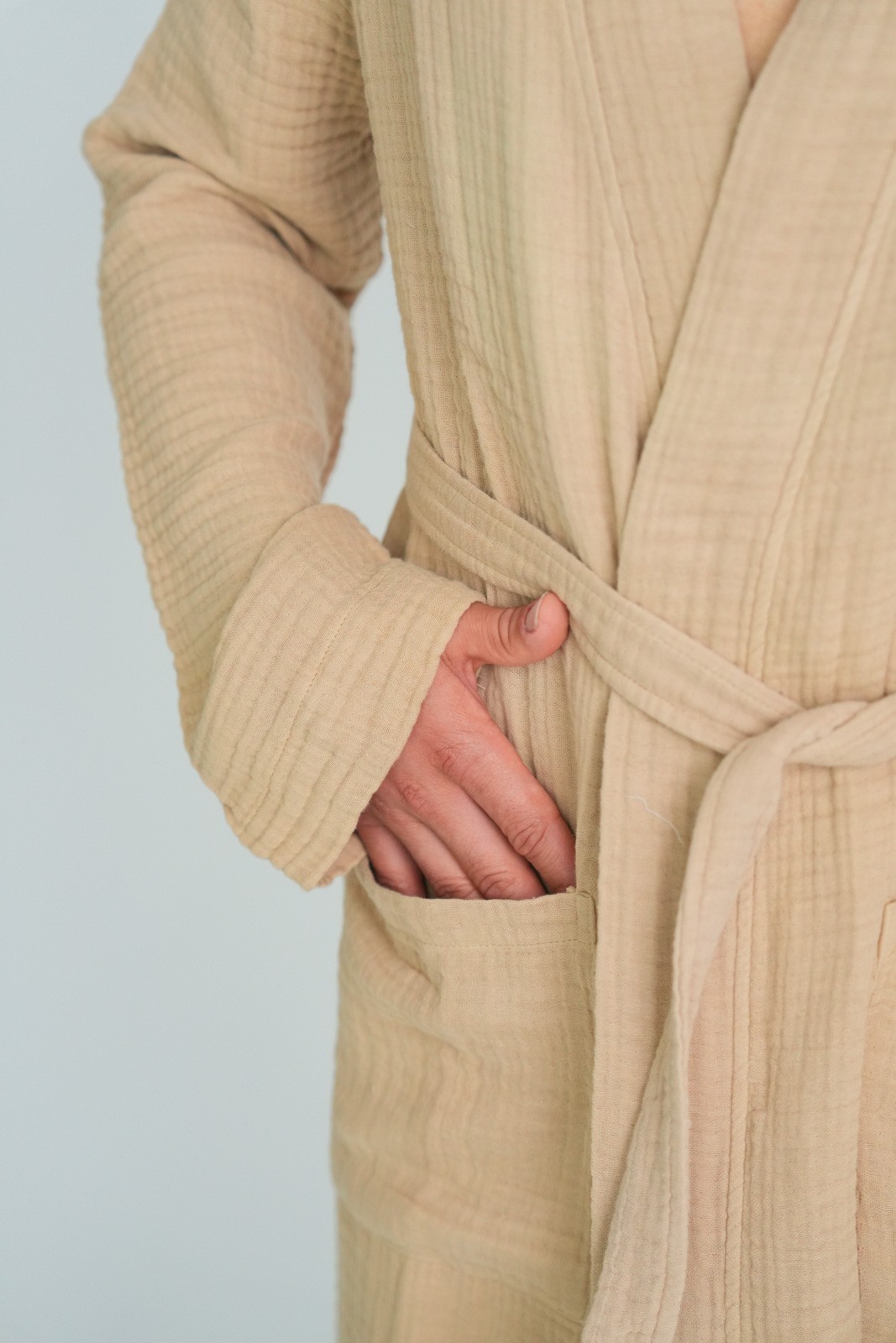 Müslin Bornoz-Sabahlık Kimono Modeli  Bej