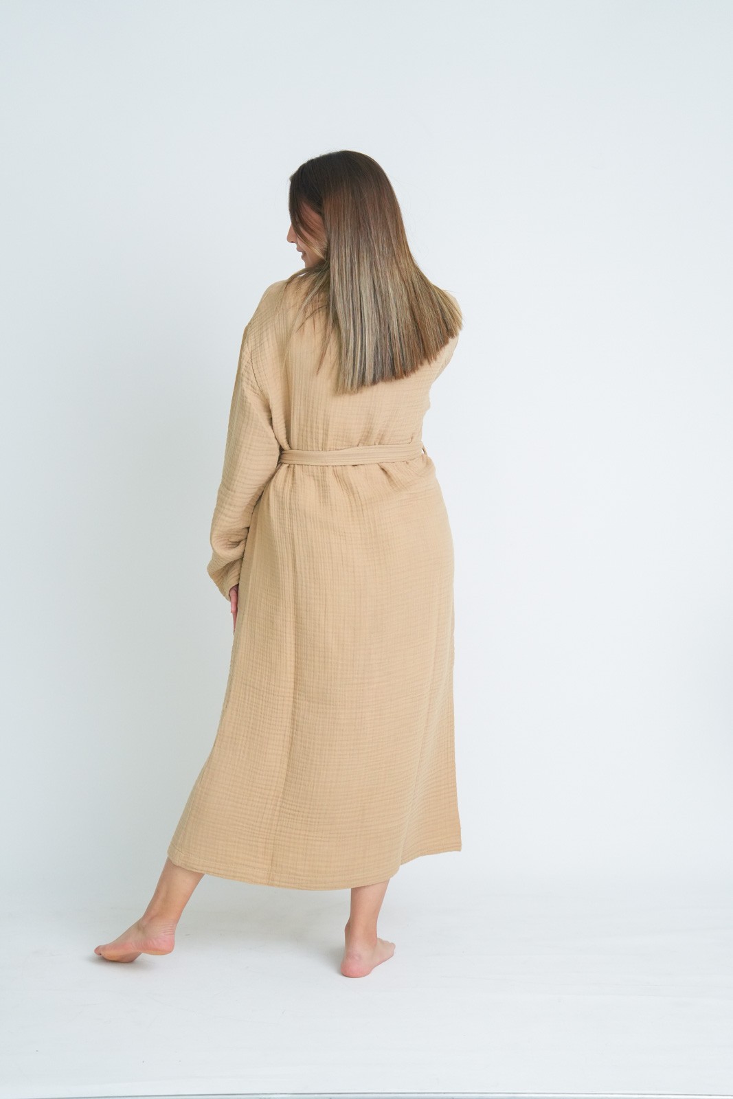 Müslin Bornoz-Sabahlık Kimono Modeli  Bej