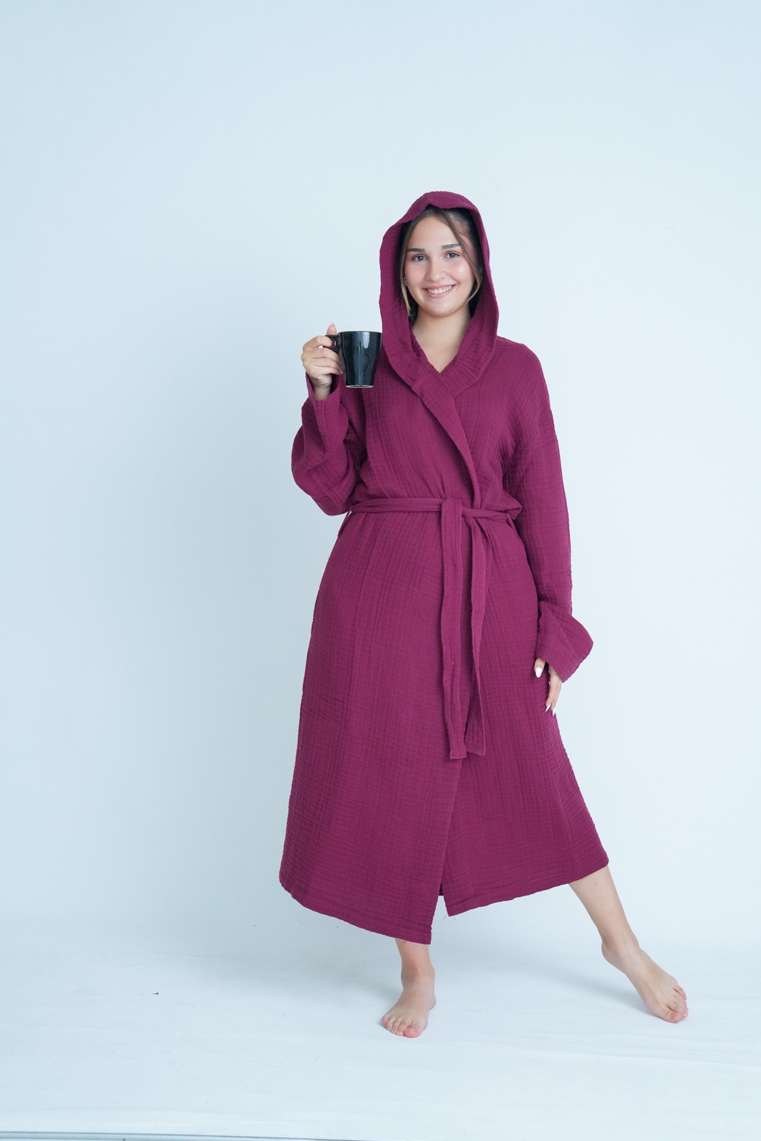 Müslin Bornoz-Sabahlık Kapüşonlu Model Bordo
