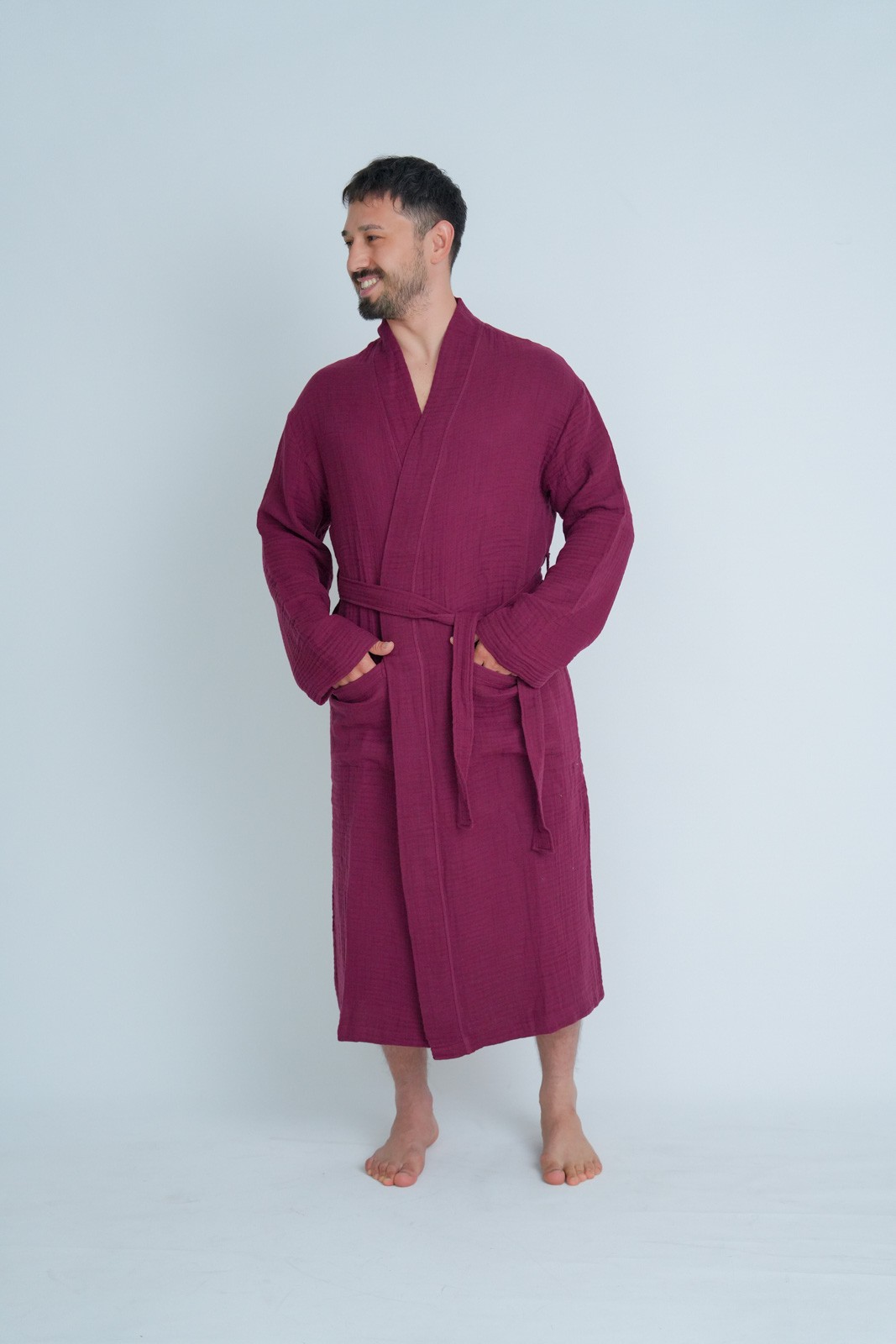 Müslin Bornoz - Sabahlık Kimono Modeli Bordo