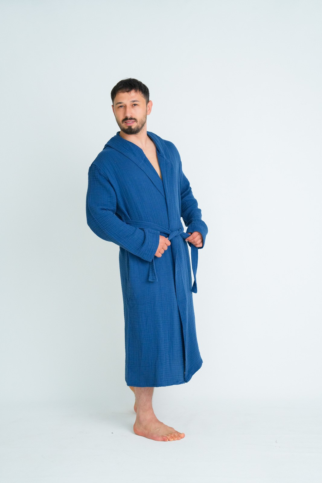 Müslin Bornoz/Sabahlık Kapüşonlu Model Lacivert