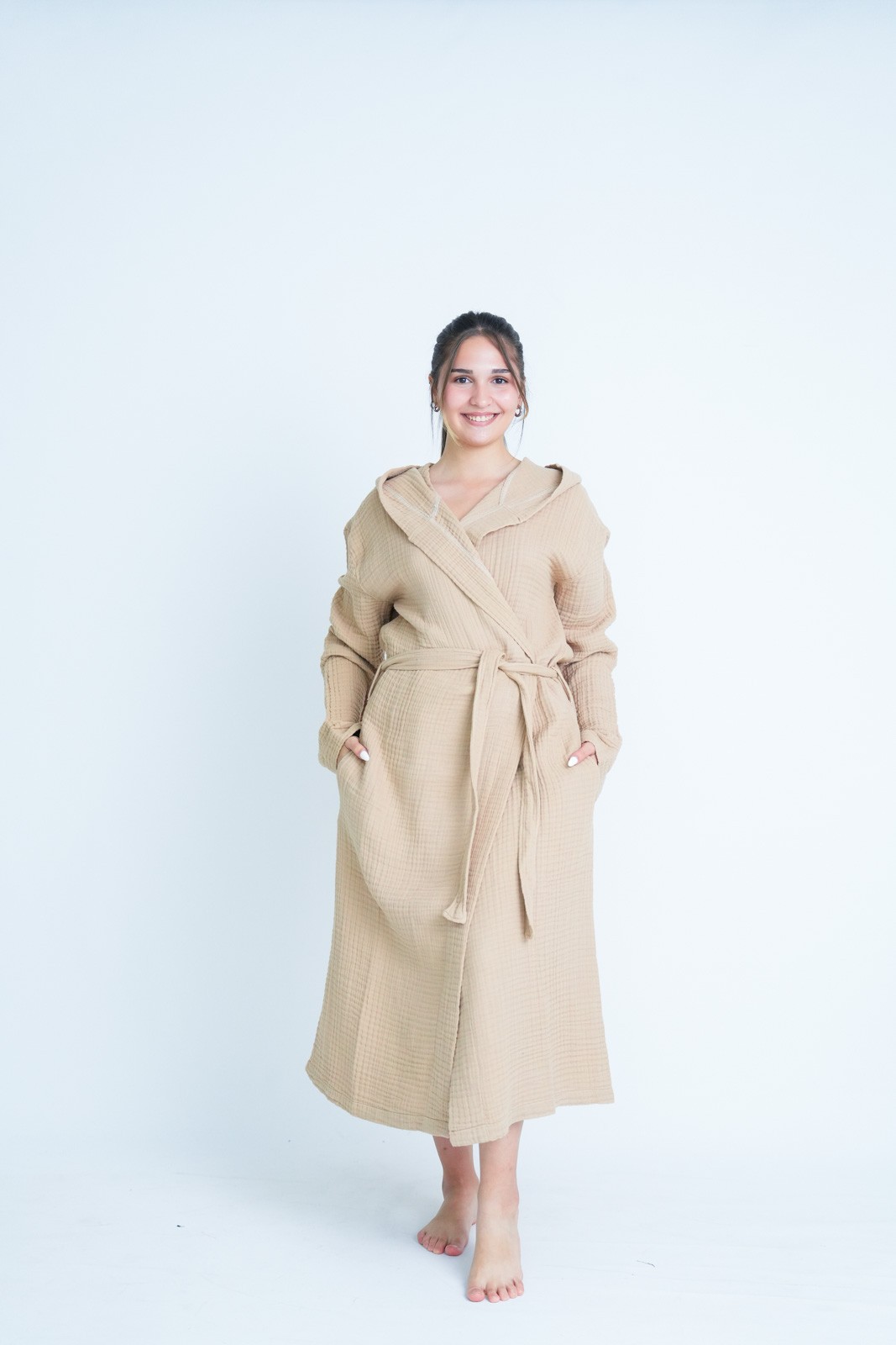Müslin Bornoz Sabahlık Kapüşonlu Model Bej