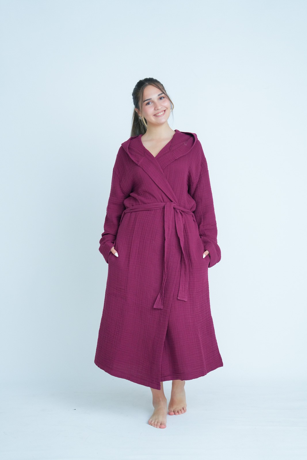 Müslin Bornoz-Sabahlık Kapüşonlu Model Bordo