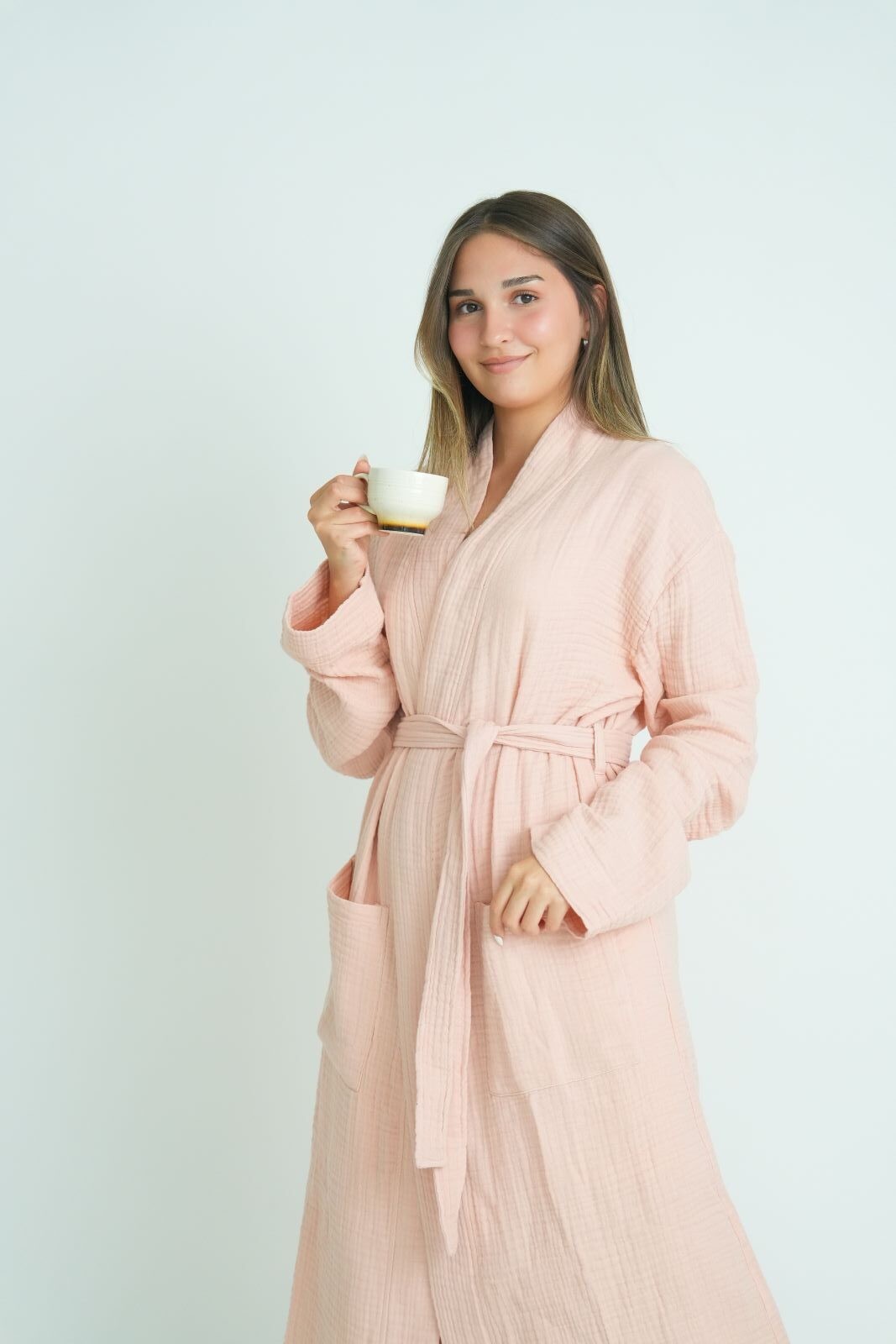 Müslin Bornoz/Sabahlık Kimono Modeli Pudra