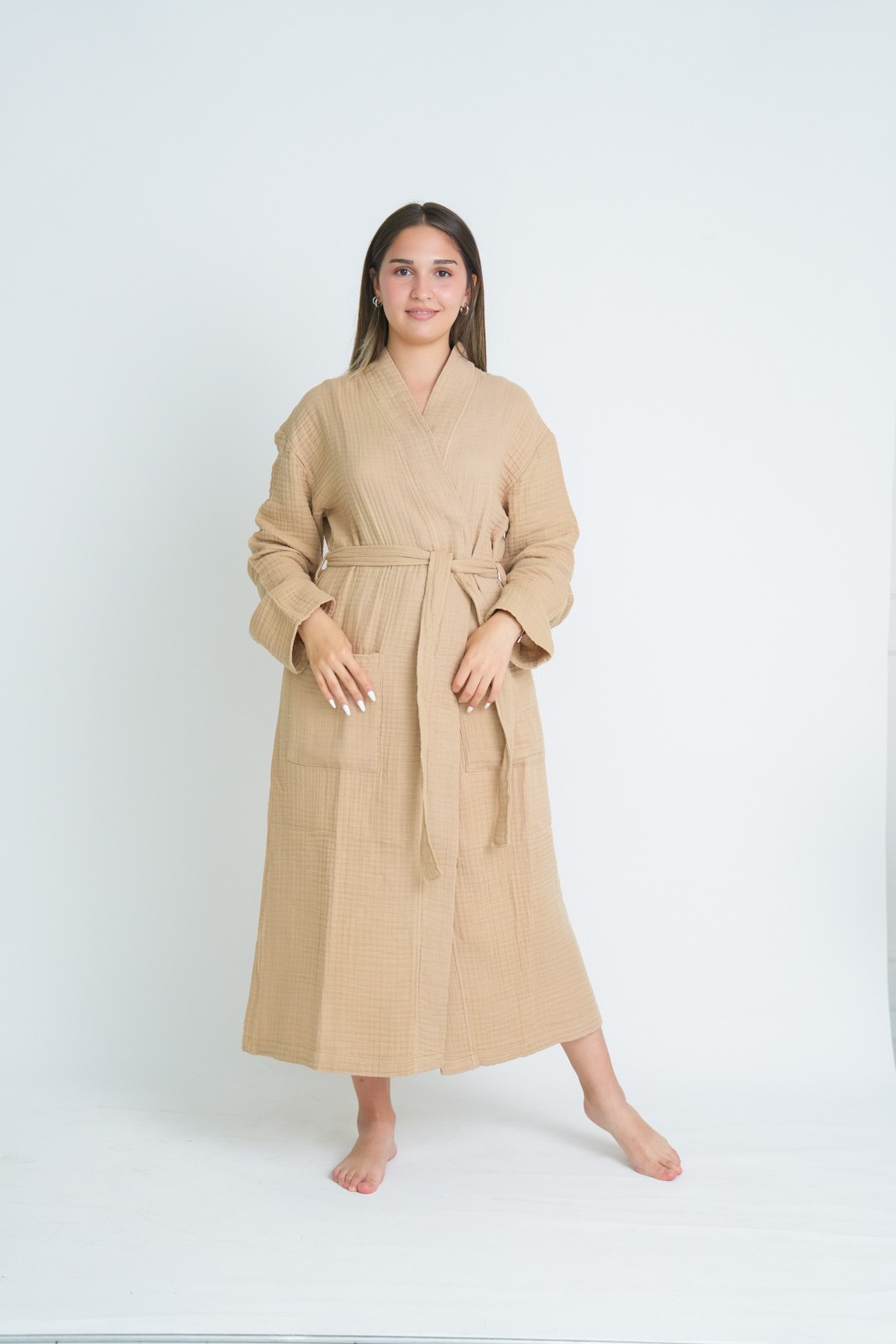 Müslin Bornoz-Sabahlık Kimono Modeli  Bej