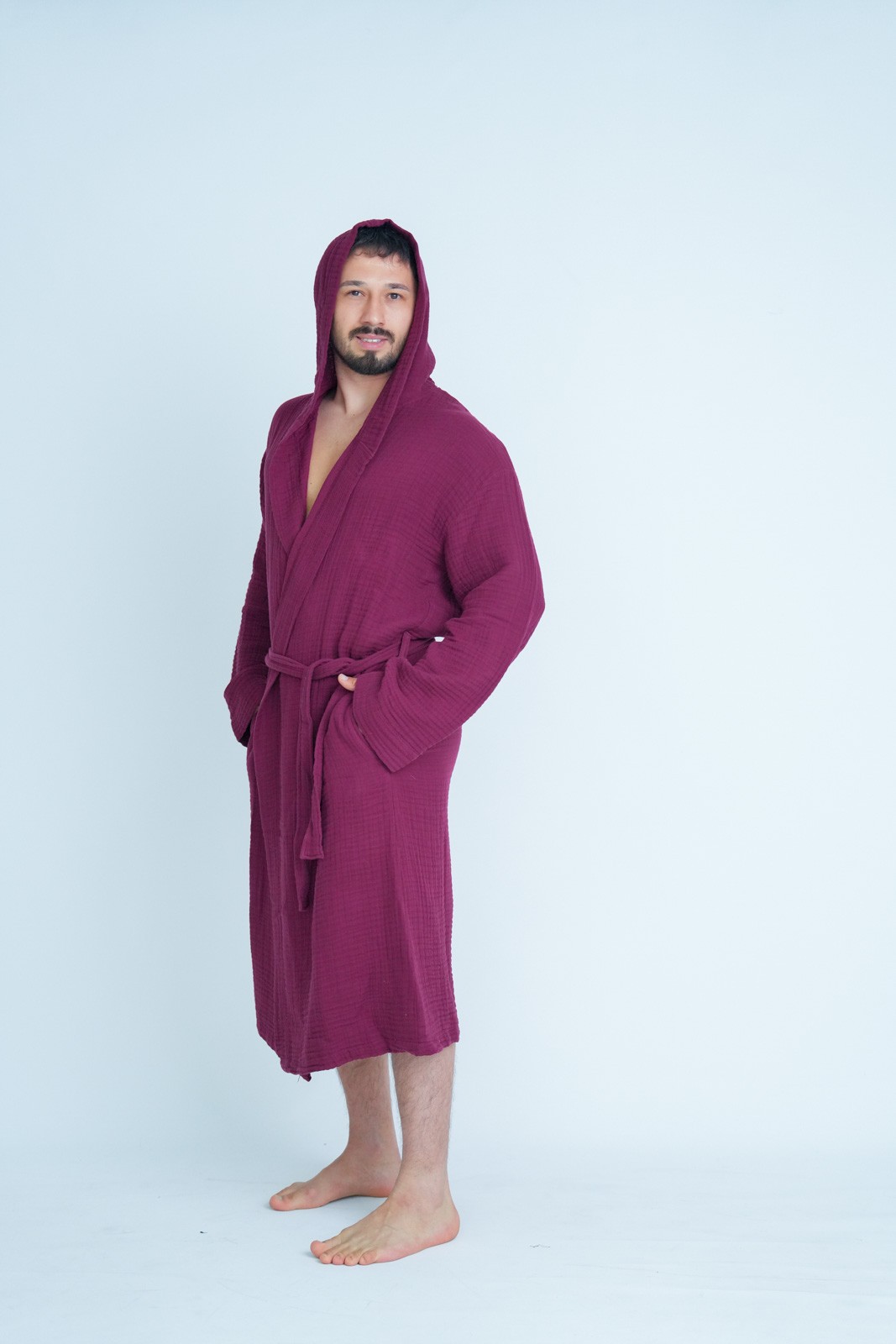 Müslin Bornoz-Sabahlık Kapüşonlu Model Bordo