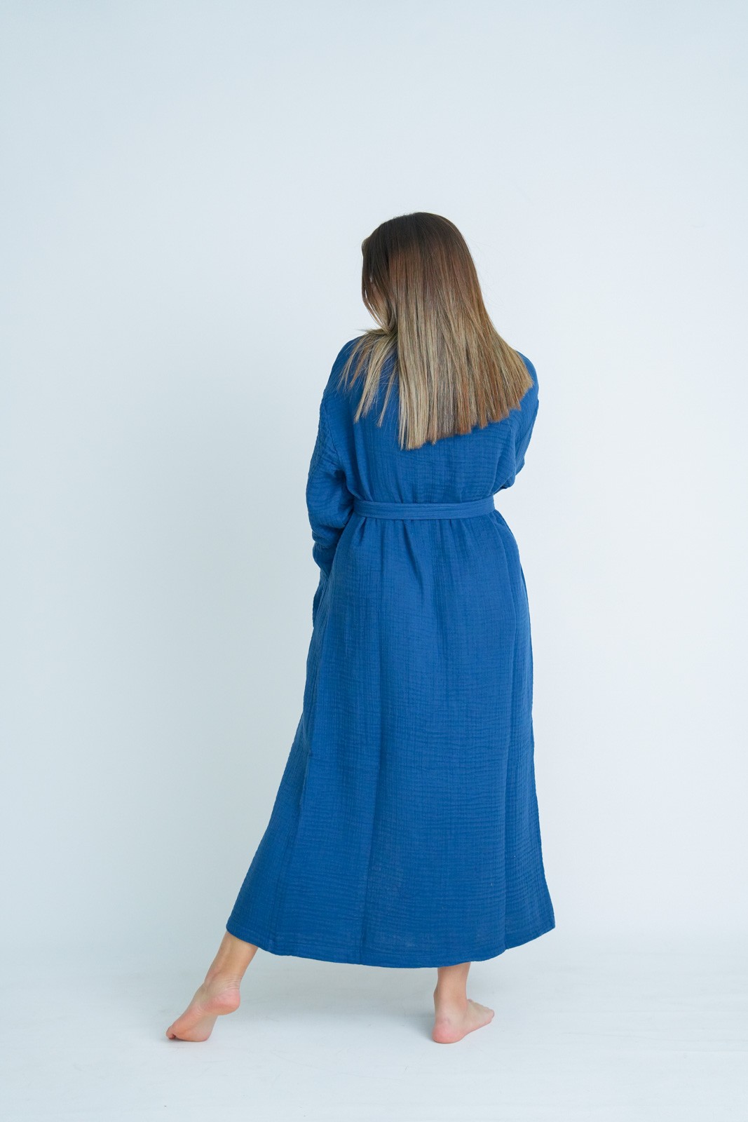 Müslin Bornoz-Sabahlık Kimono Modeli Mavi