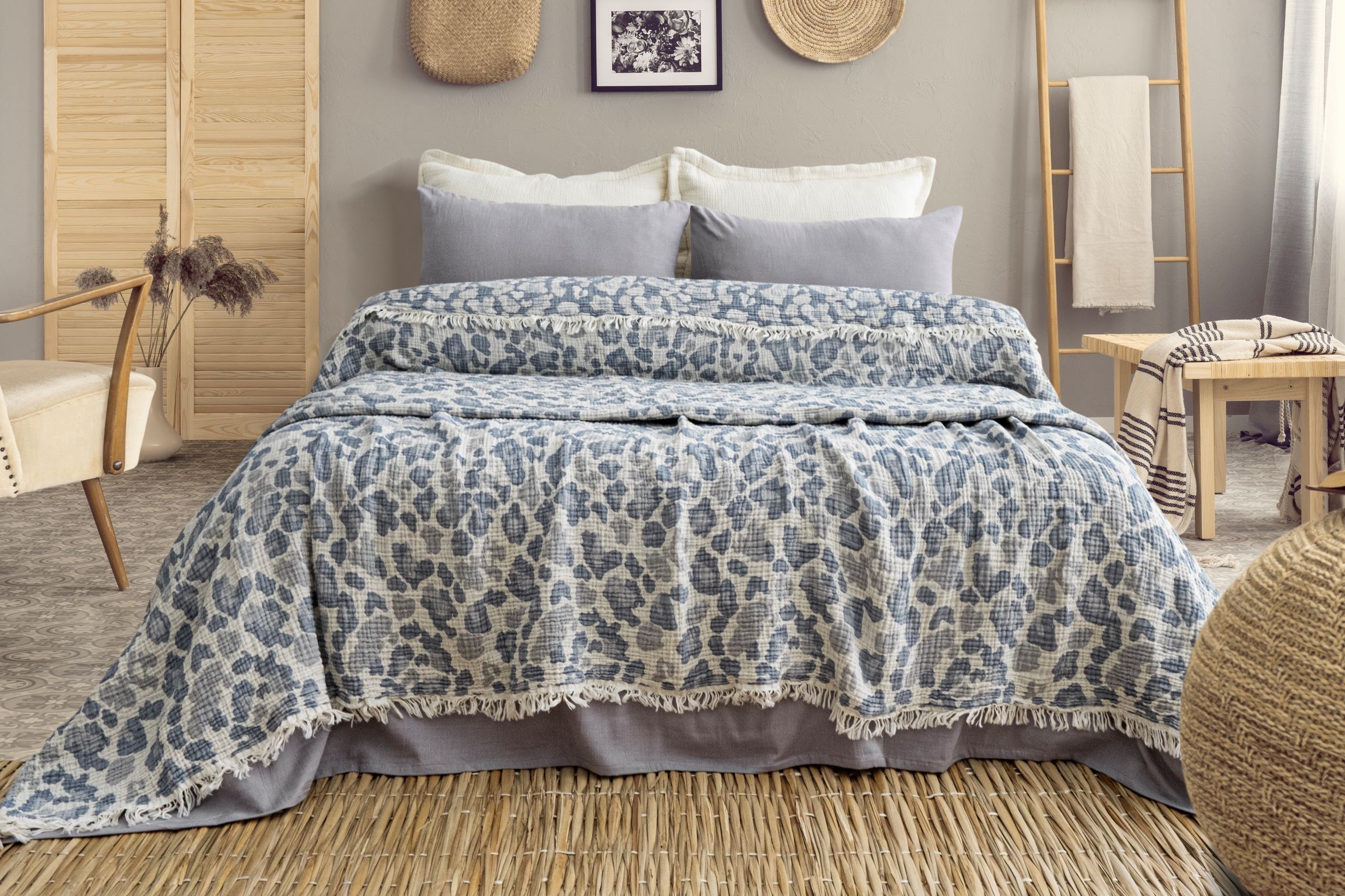 Leopar Desenli 4 Katlı Müslin Yatak Örtüsü - Mavi