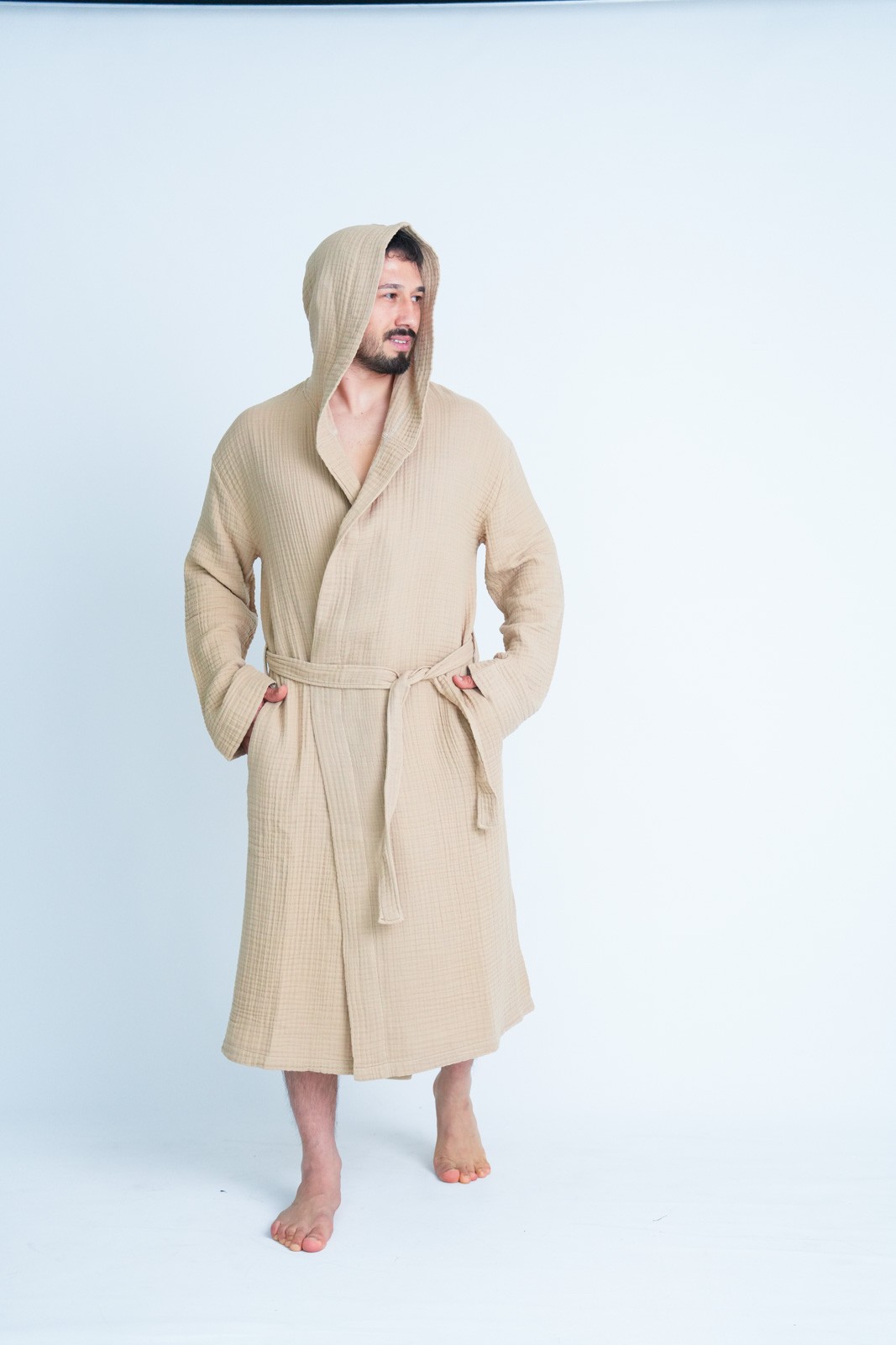 Müslin Bornoz Sabahlık Kapüşonlu Model Bej