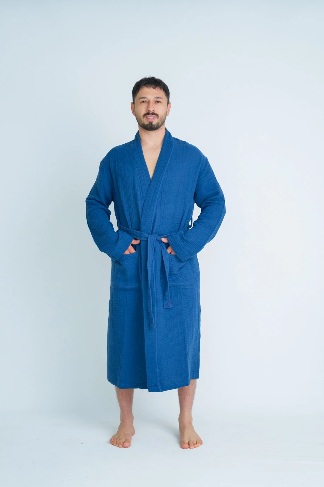 Outlet Kapüşonlu Mavi Bornoz 