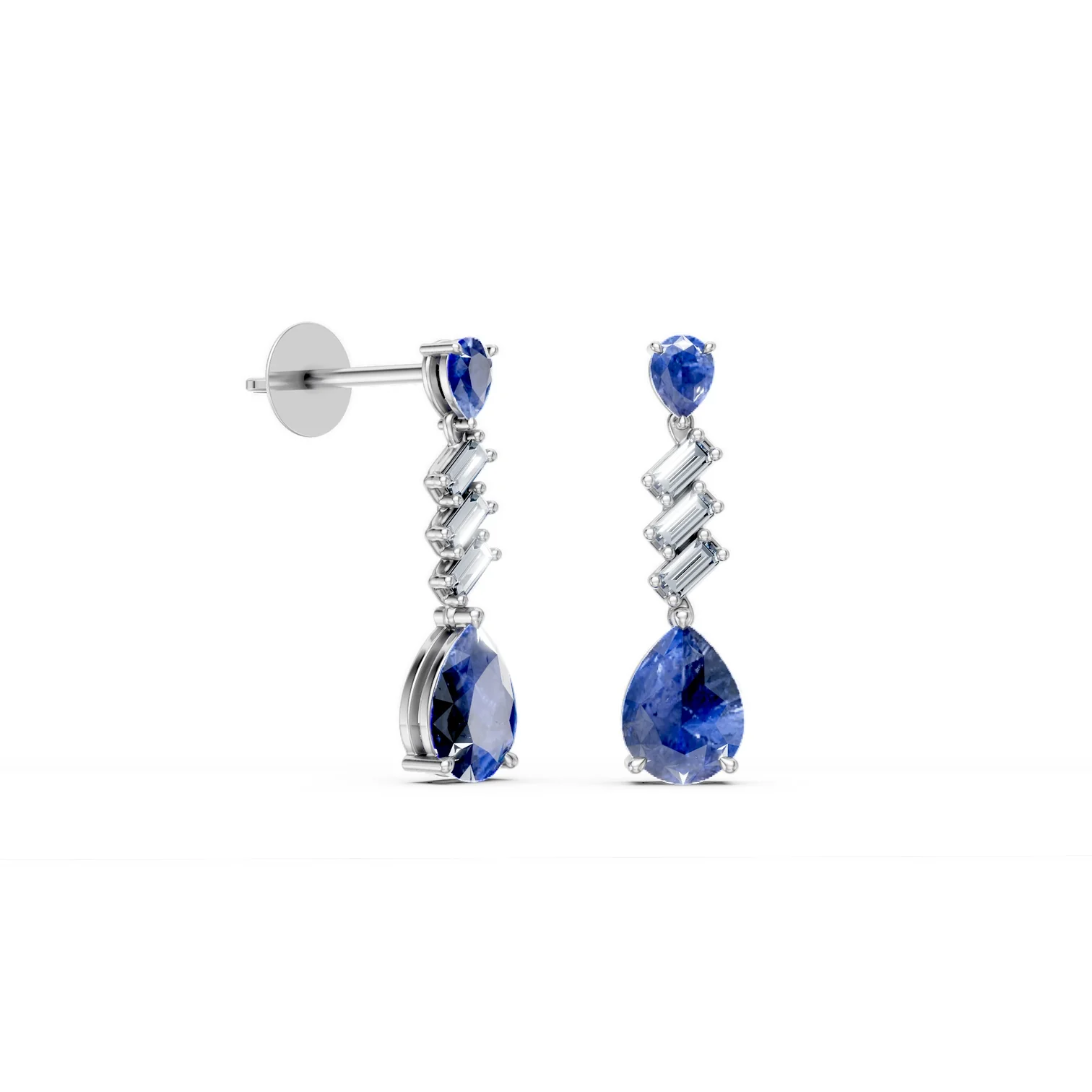 1.59 Karat Pırlanta Safir Baget Sallantılı Küpe