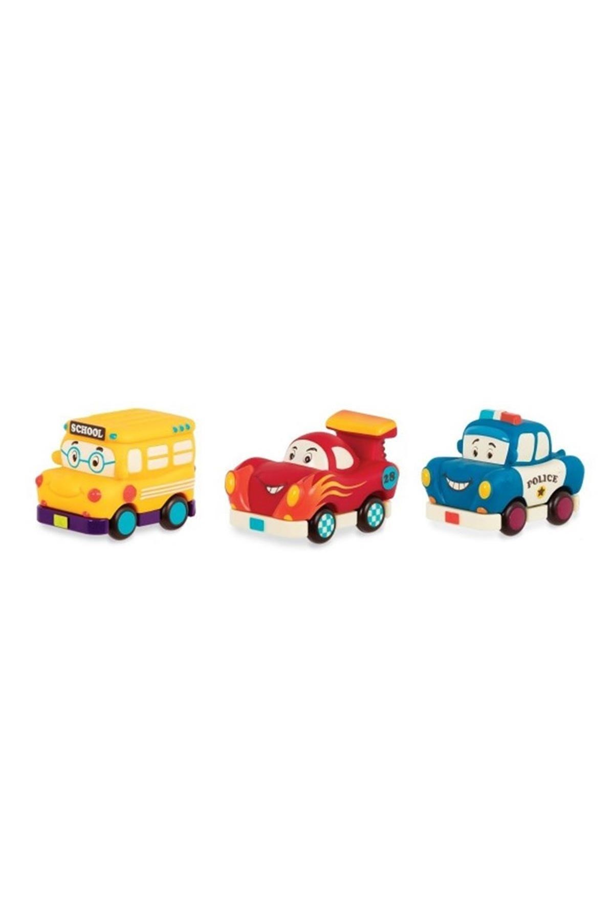 B.Toys 3'lü Mini Çek-Bırak Araba Seti - Okul Otobüsü/Yarış Arabası/Polis
