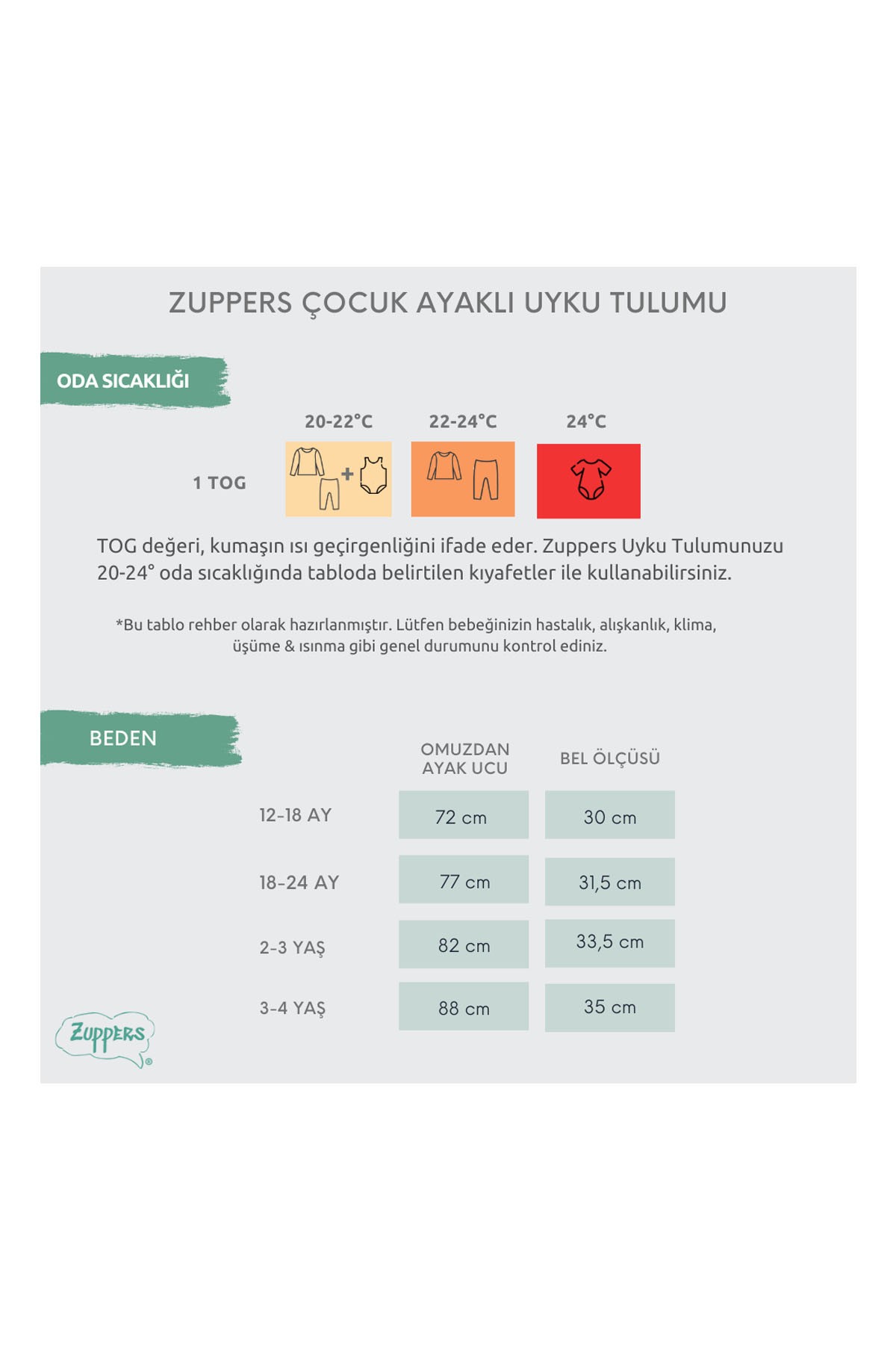 Zuppers Organik Pamuk Çocuk Ayaklı Uyku Tulumu Somon 12-18 Ay 1 TOG