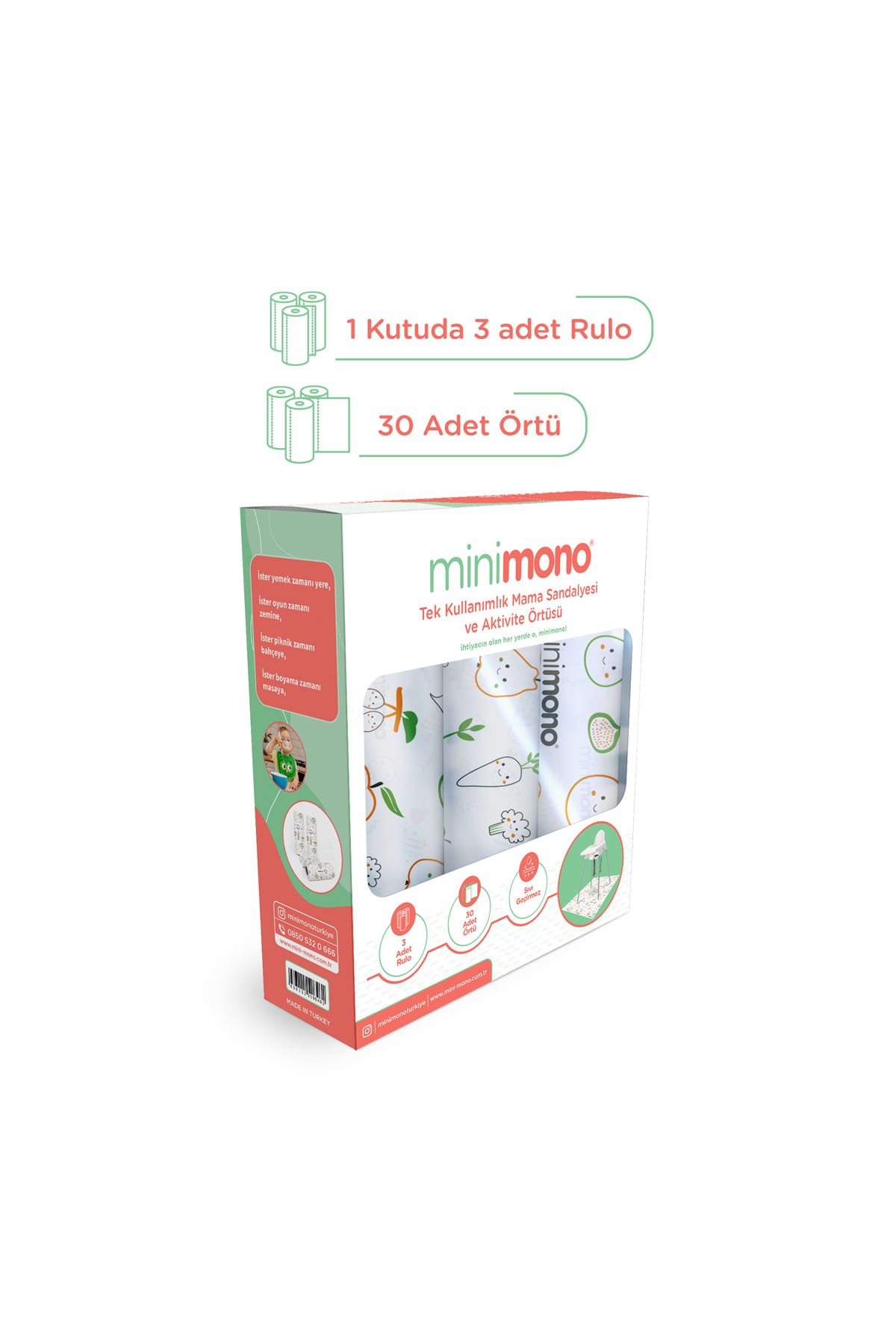 Minimono 3'lü Desen Mama Sandalyesi Altı ve Aktivite Örtüsü Sevimli Meyve & Sebzeler