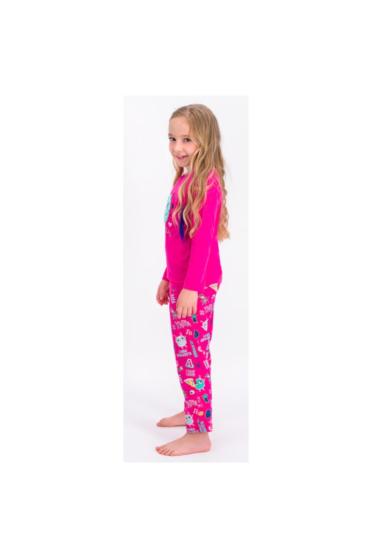 Roly Poly Pizza Monster Yawn Fuşya Kız Çocuk Pijama Takımı