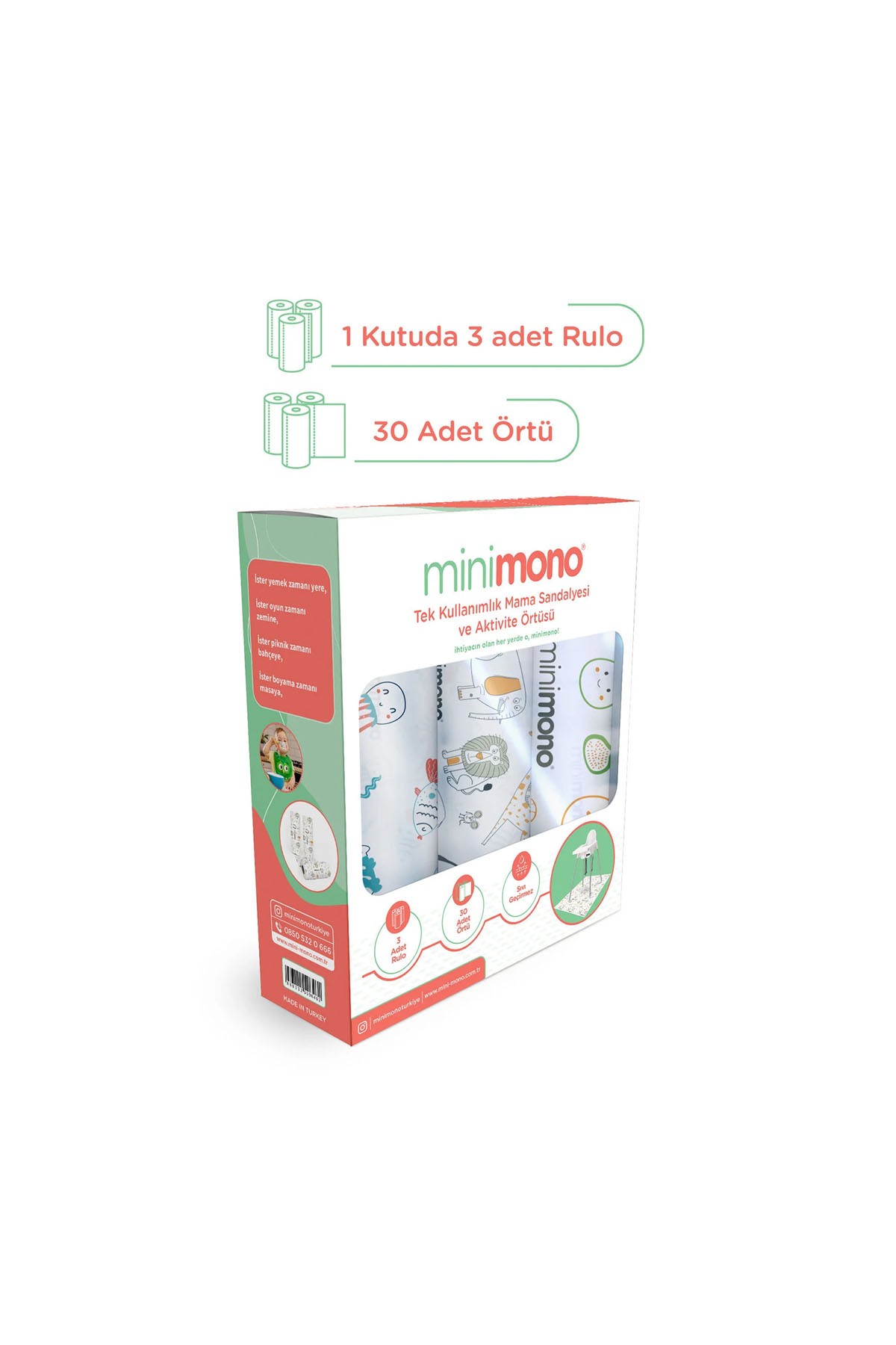 Minimono 3'lü Desen Mama Sandalyesi Altı ve Aktivite Örtüsü Orman Deniz Meyve Karışık Desen
