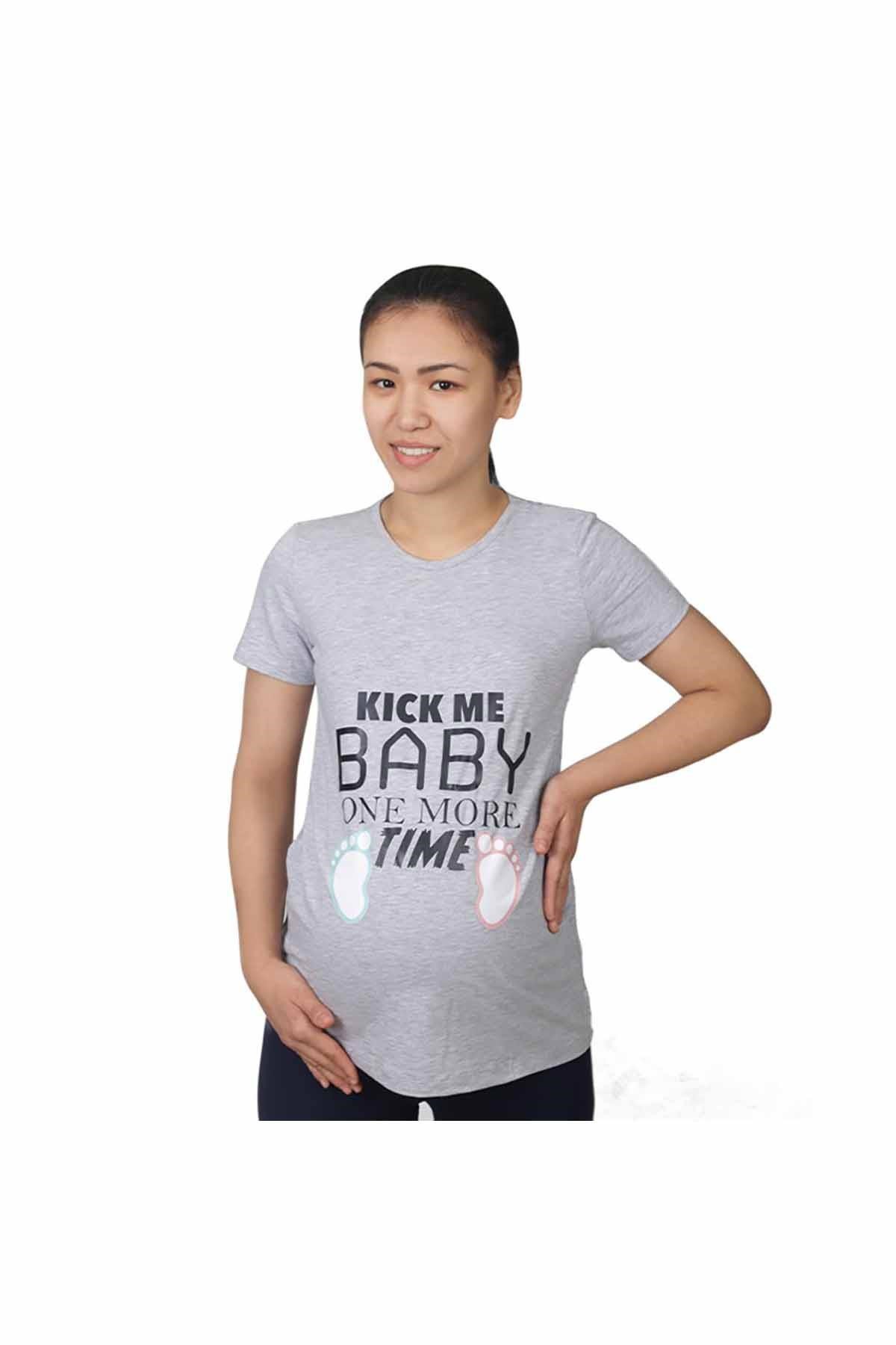 Mummy's Baby Hamile Tişört Kick Me Baby Gri