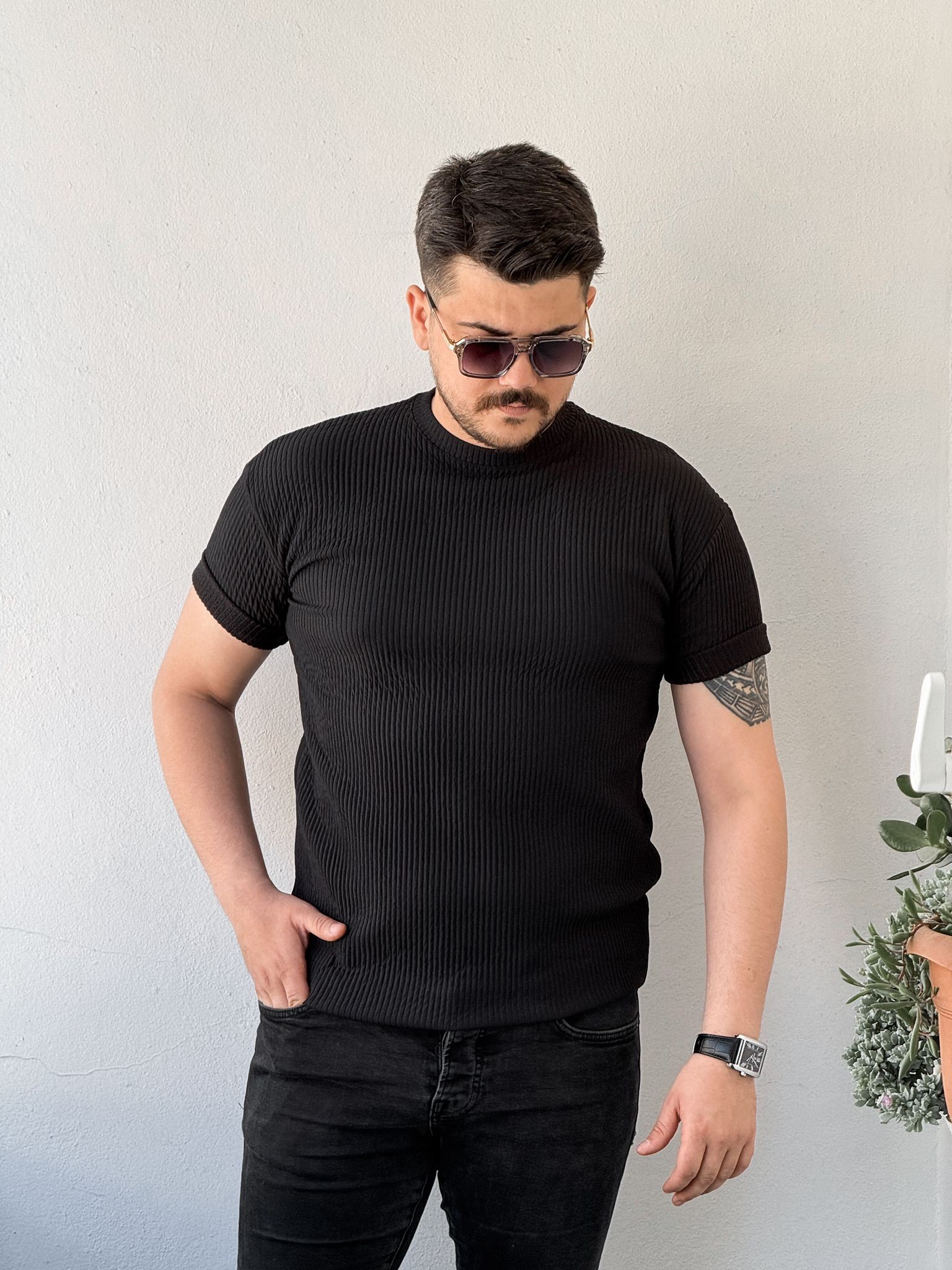 siyah triko kumaş t-shirt