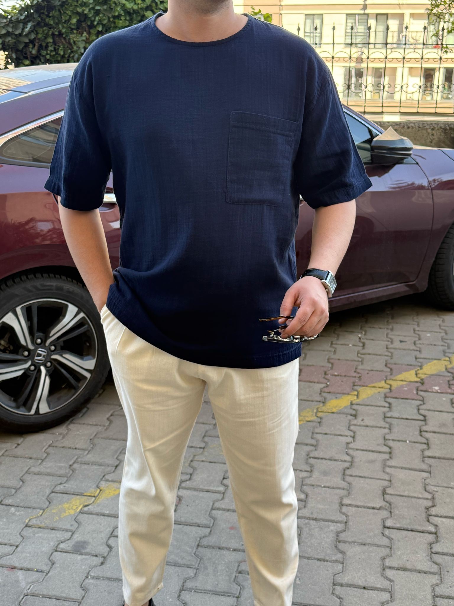 KETEN YARIM KOL LACİVERT 