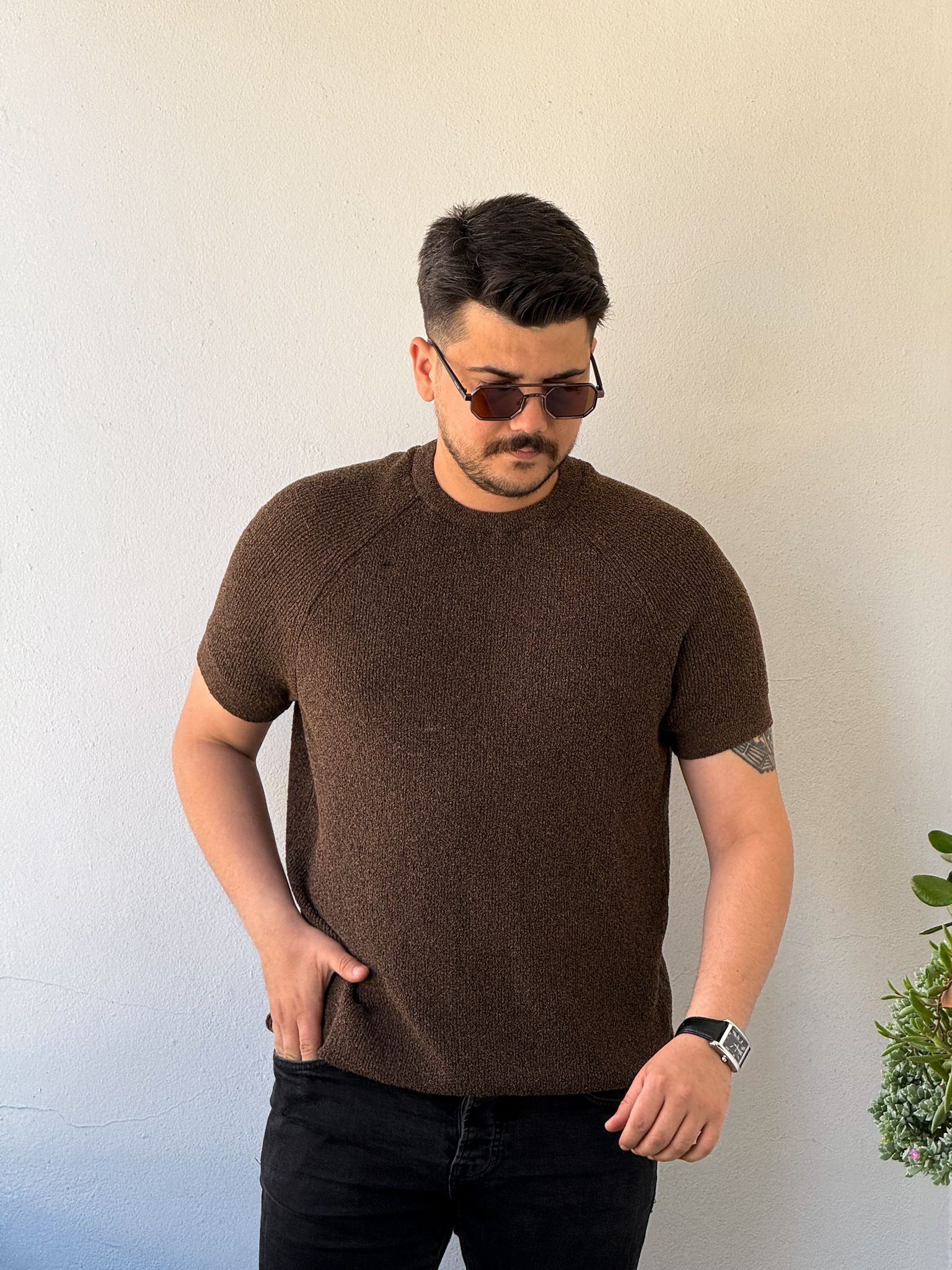 kahrengi örgü triko kumaş t-shirt
