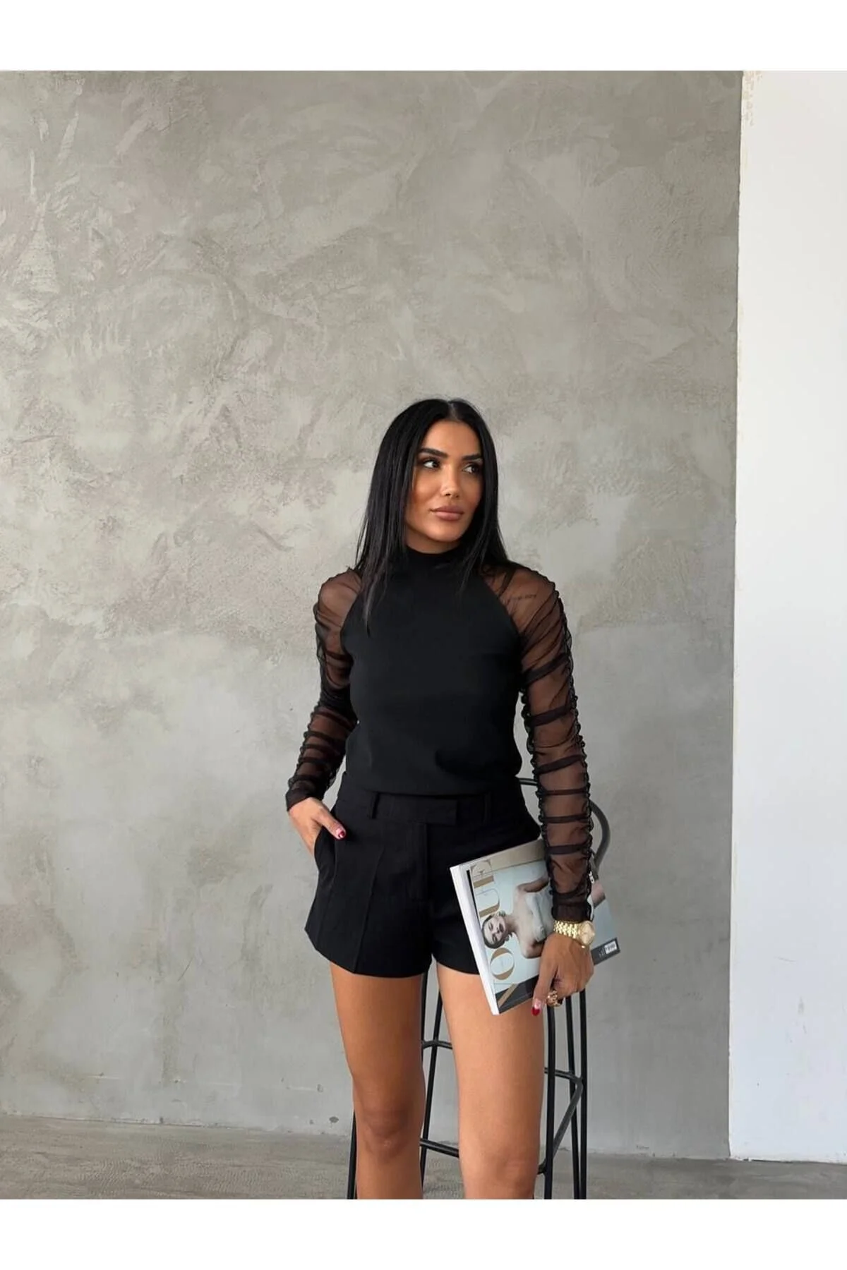 Kolları Tül Detaylı Ottoman Kumaş Bluz