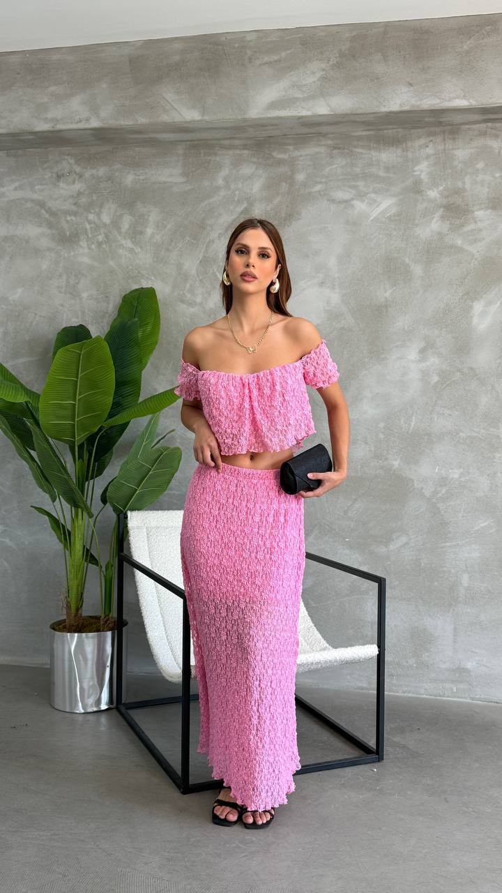 Etek Bluz Dantelli İkili Takım - Pembe