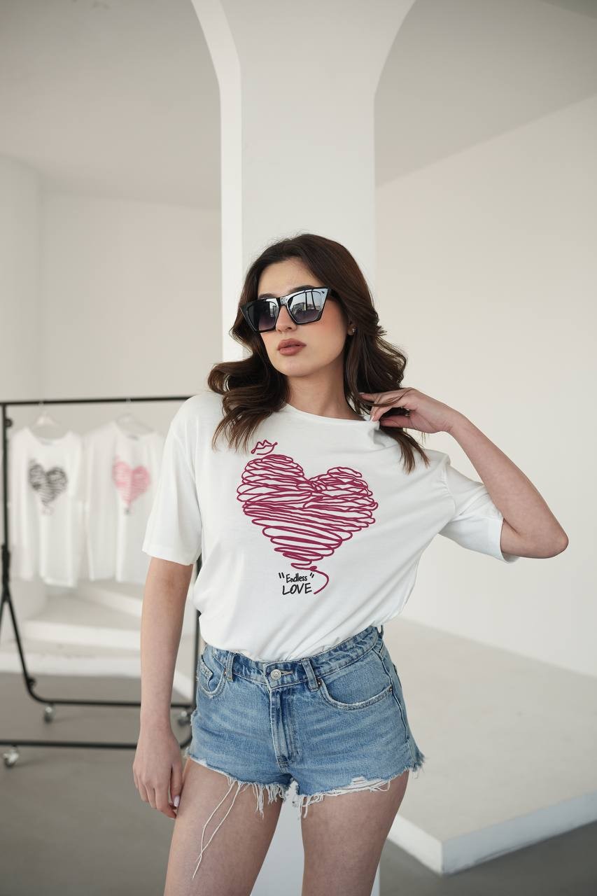 Kalp Kabartma Baskılı T-Shirt - Bordo