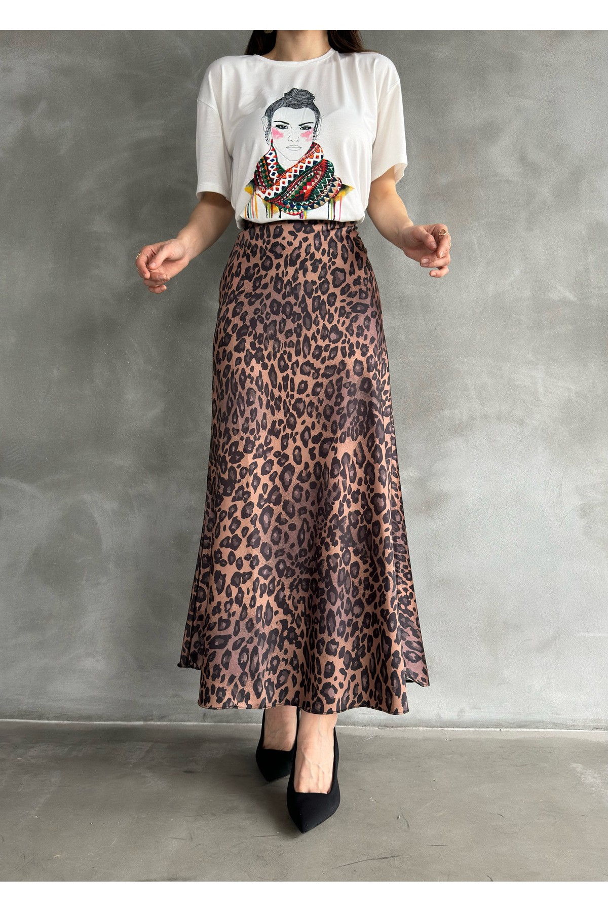 Beli Lastikli Maxi Boy Uzun Saten Etek - Kahve-Leopar