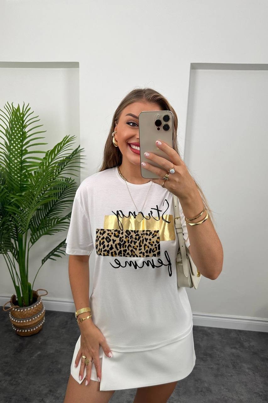 Leopar Yazı Baskı Detaylı T-Shirt