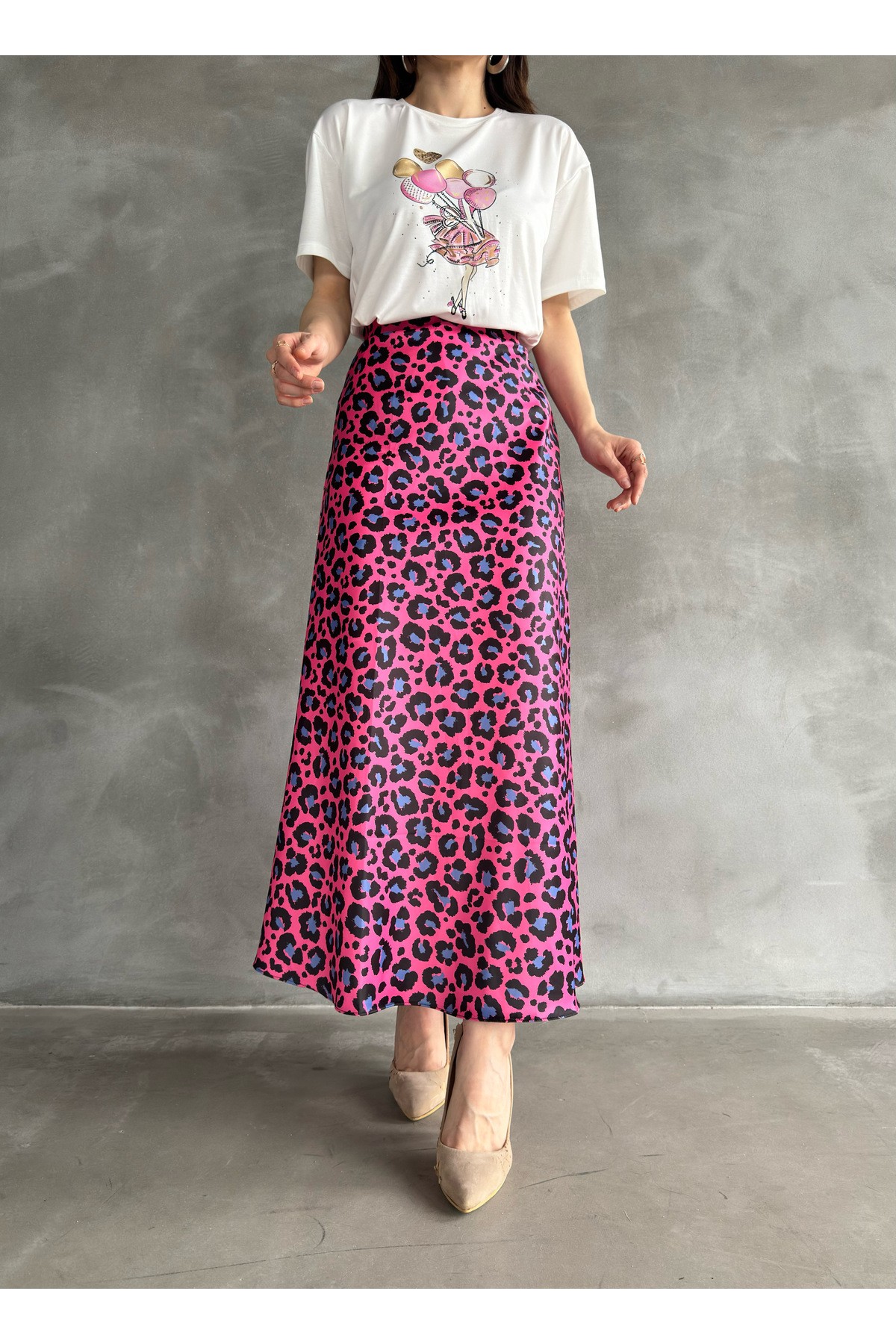 Beli Lastikli Maxi Boy Uzun Saten Etek - Pembe-Leopar