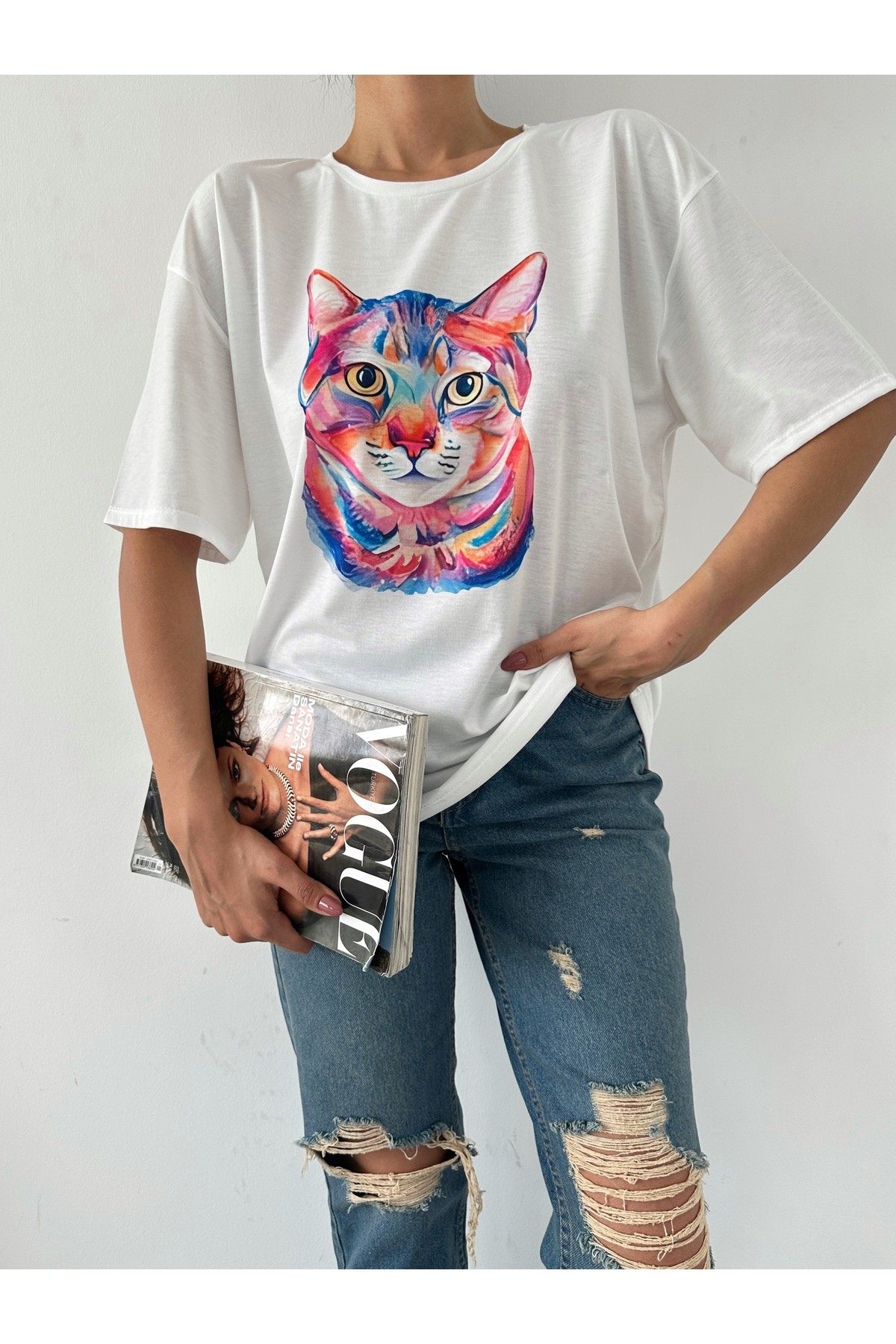 Kedi Baskılı Basic T-shirt