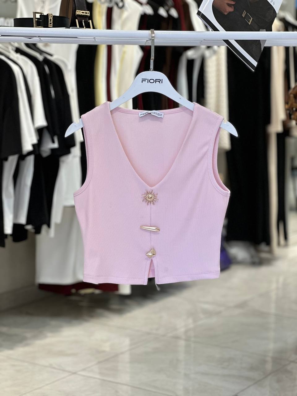 Güneş Aksesuarlı Drapeli Sıfır Kol Bluz  - Pembe