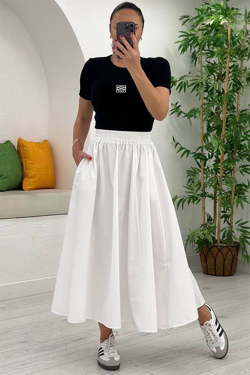 Maxi Boy Beli Kalın Lastikli Basic Kloş Poplin Etek - Beyaz