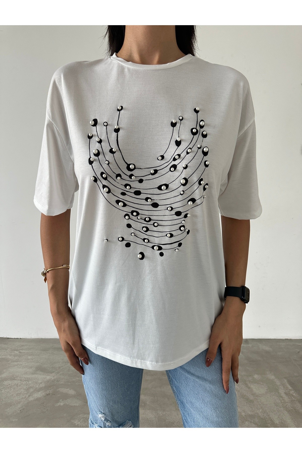 Baskılı İnci Detaylı T-shirt