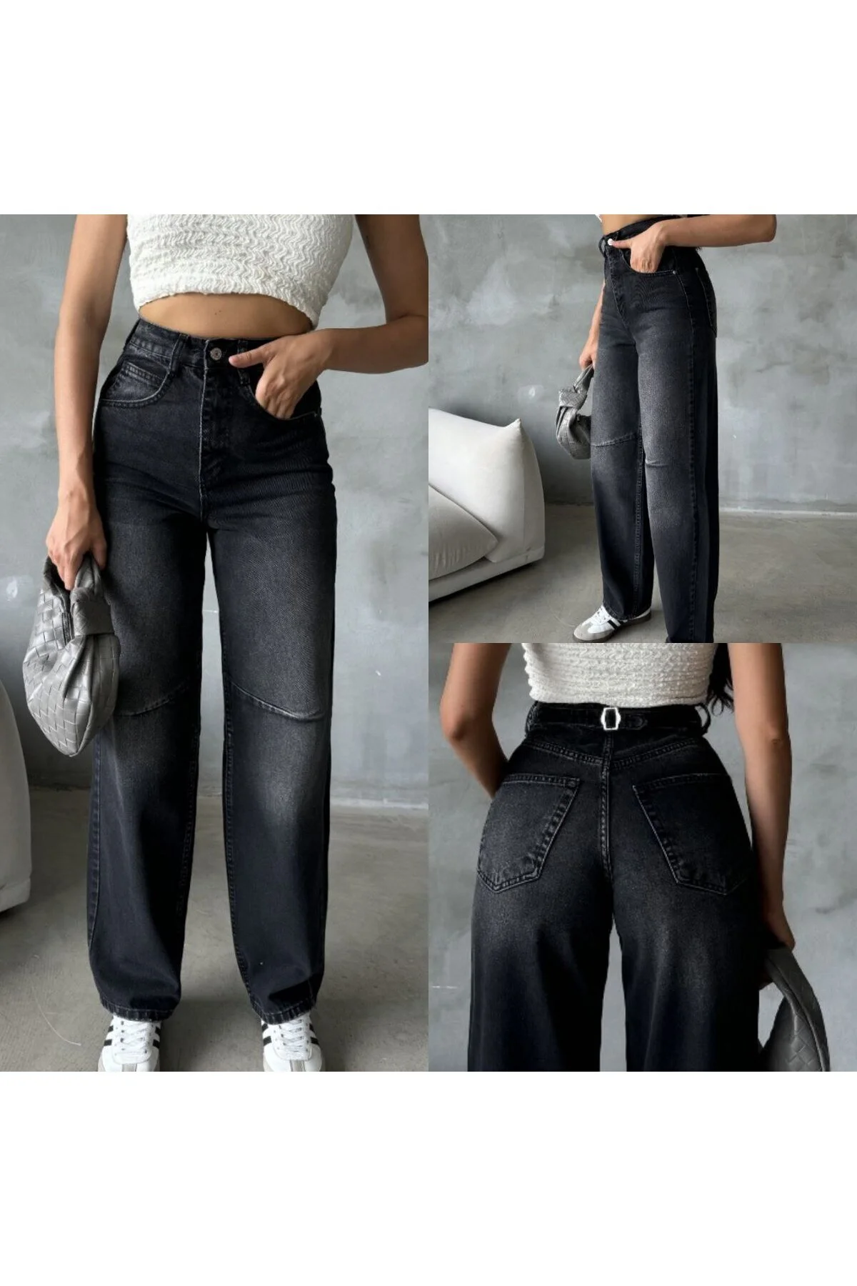 Antrasit Dikiş Detaylı Arkası Tokalı Yüksek Bel Jean