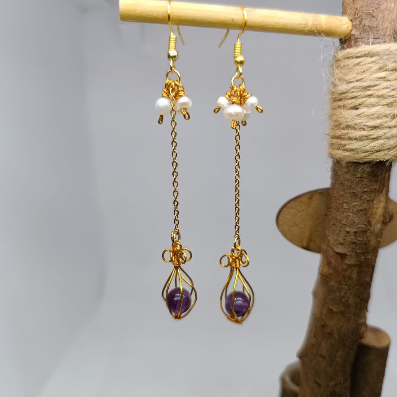Ametist İnci Gold Çelik Tasarım Kafes Küpe
