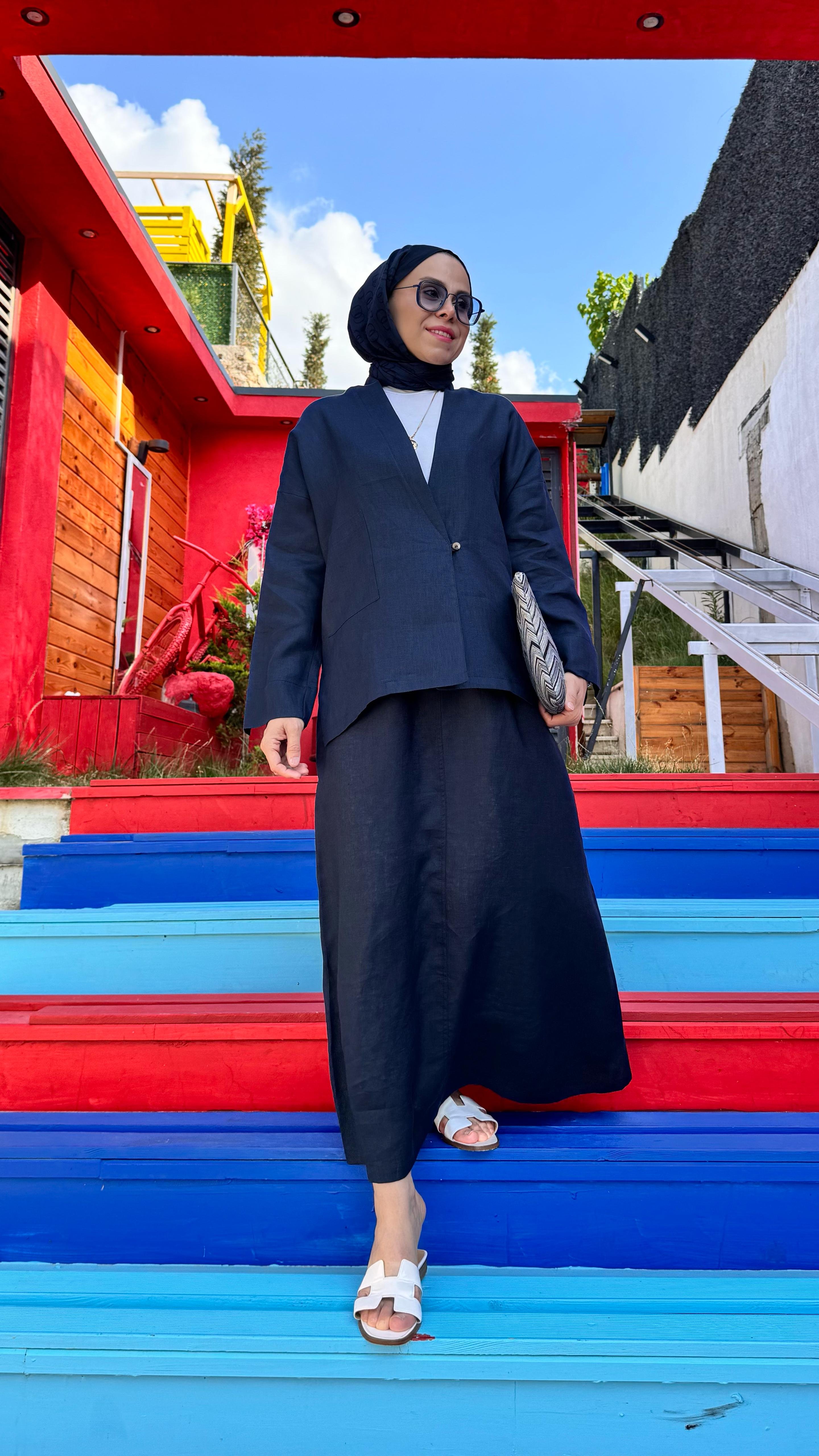 Keten tek düğmeli üst - Lacivert