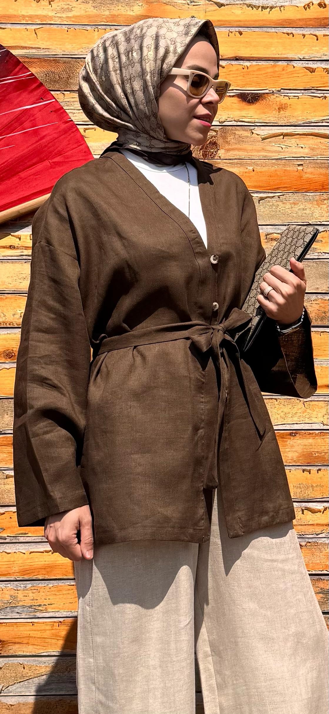 Yarım Düğmeli Keten Kimono - Kahverengi