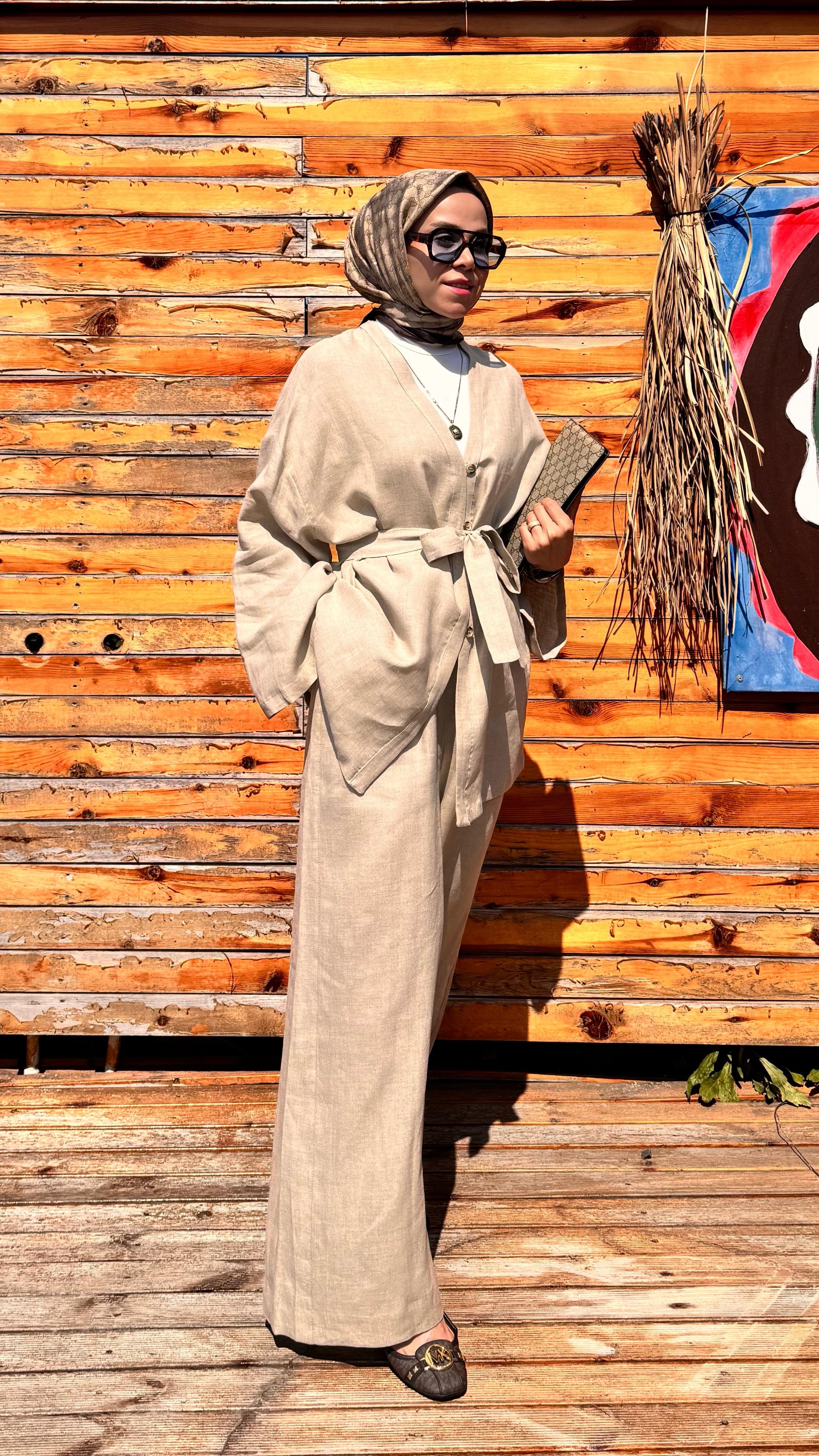 Yarım Düğmeli Keten Kimono - Taş