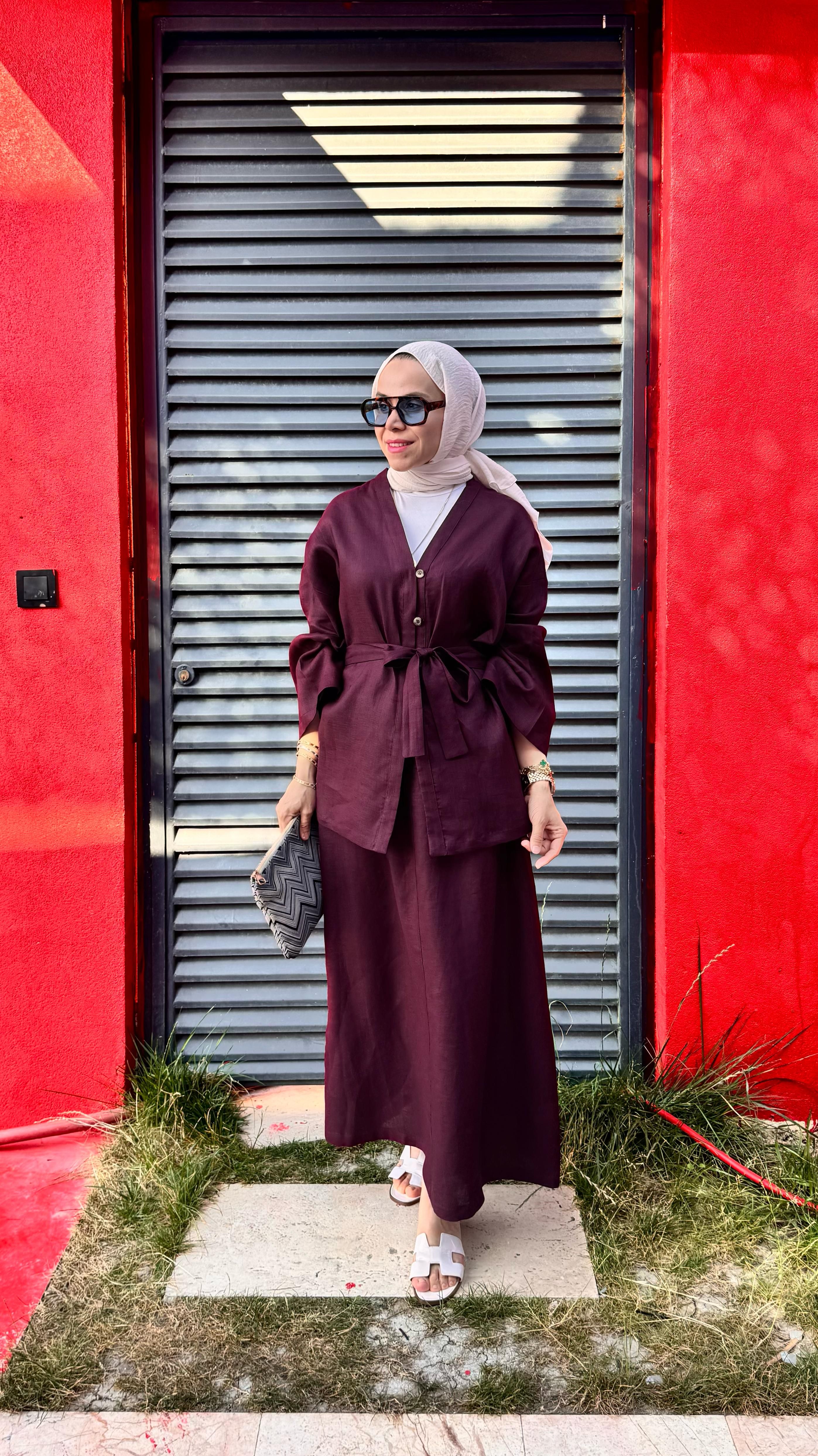 Yarım Düğmeli Keten Kimono - Bordo