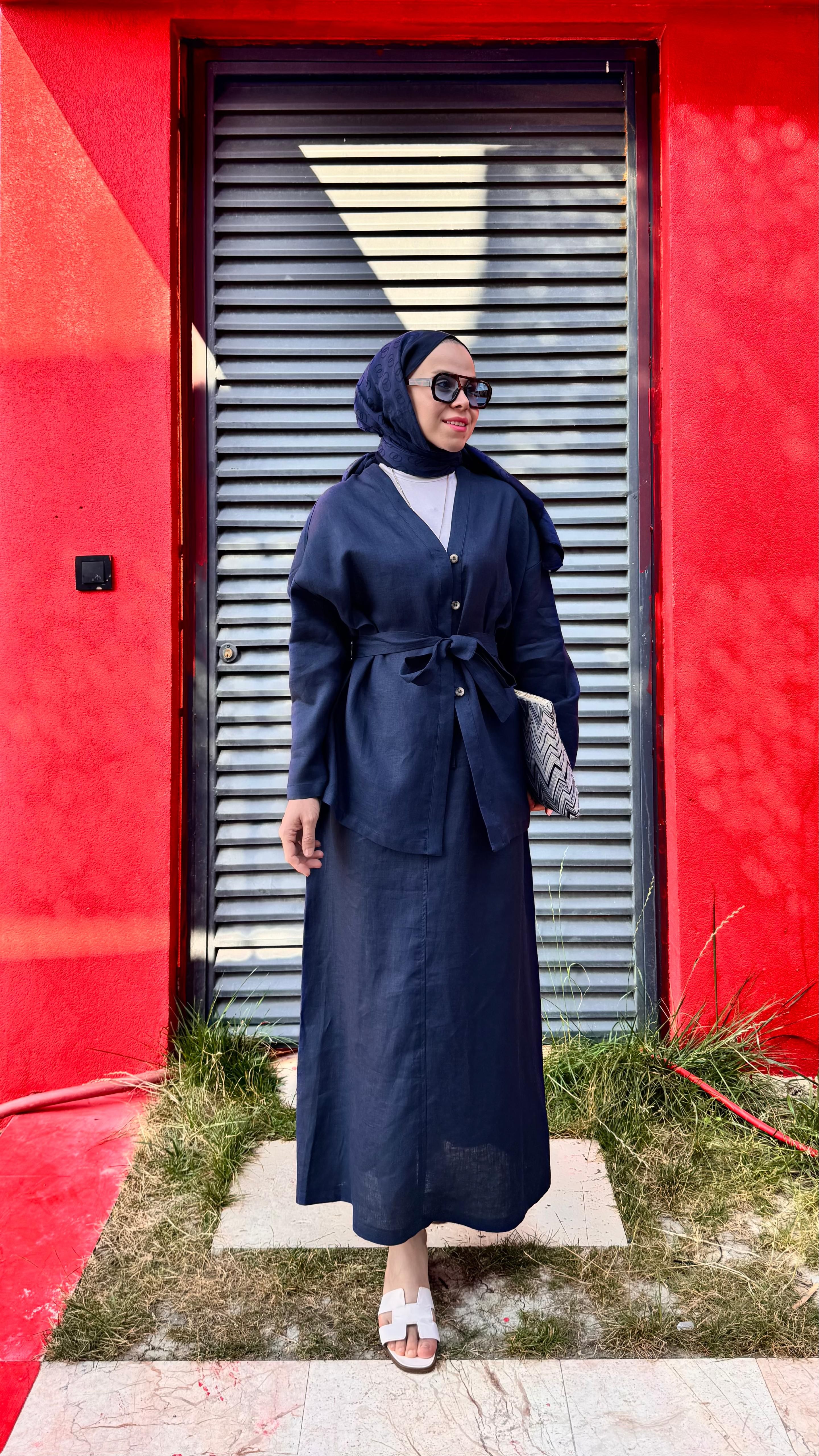 Yarım Düğmeli Keten Kimono - Lacivert