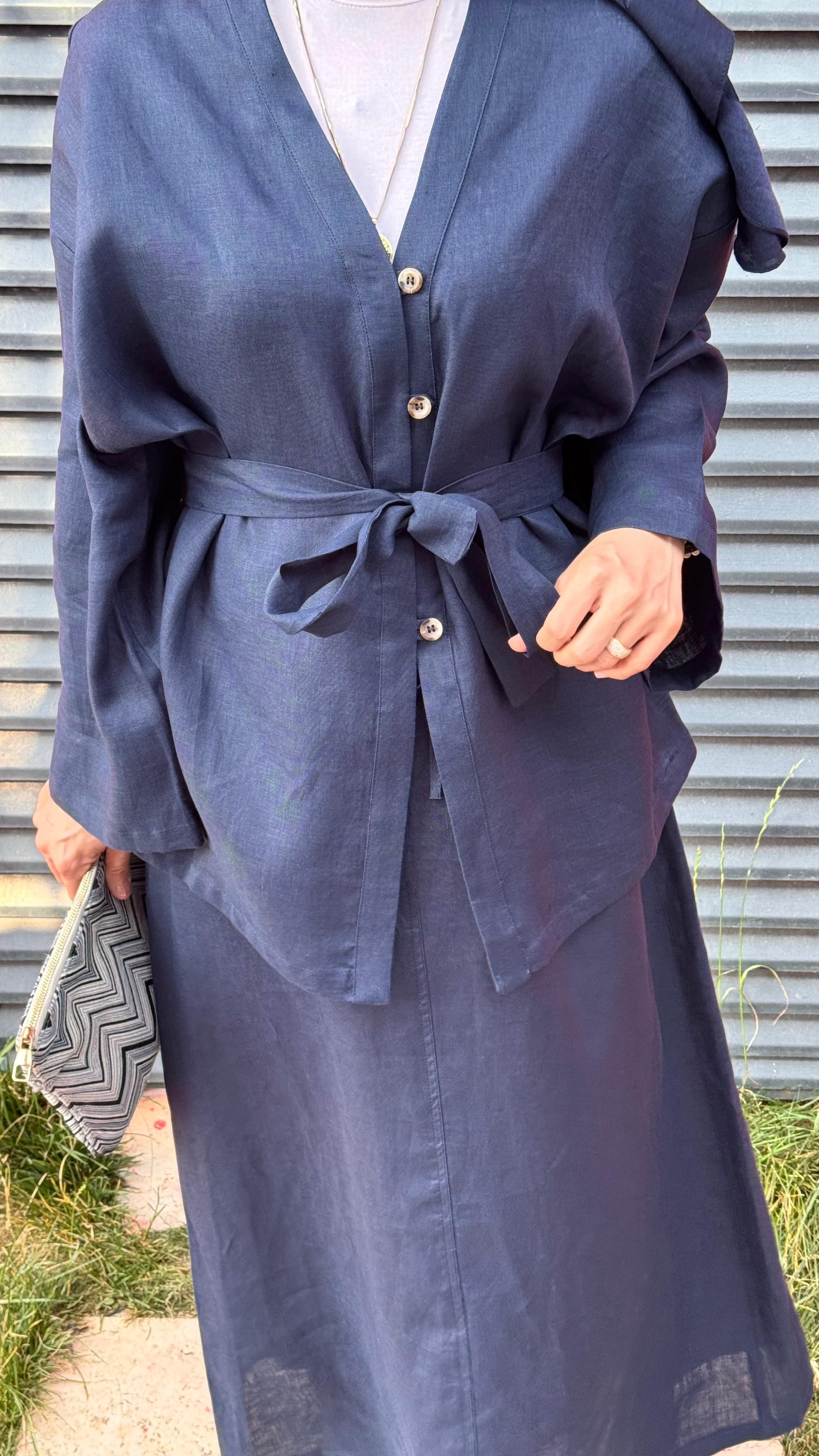 Yarım Düğmeli Keten Kimono - Lacivert