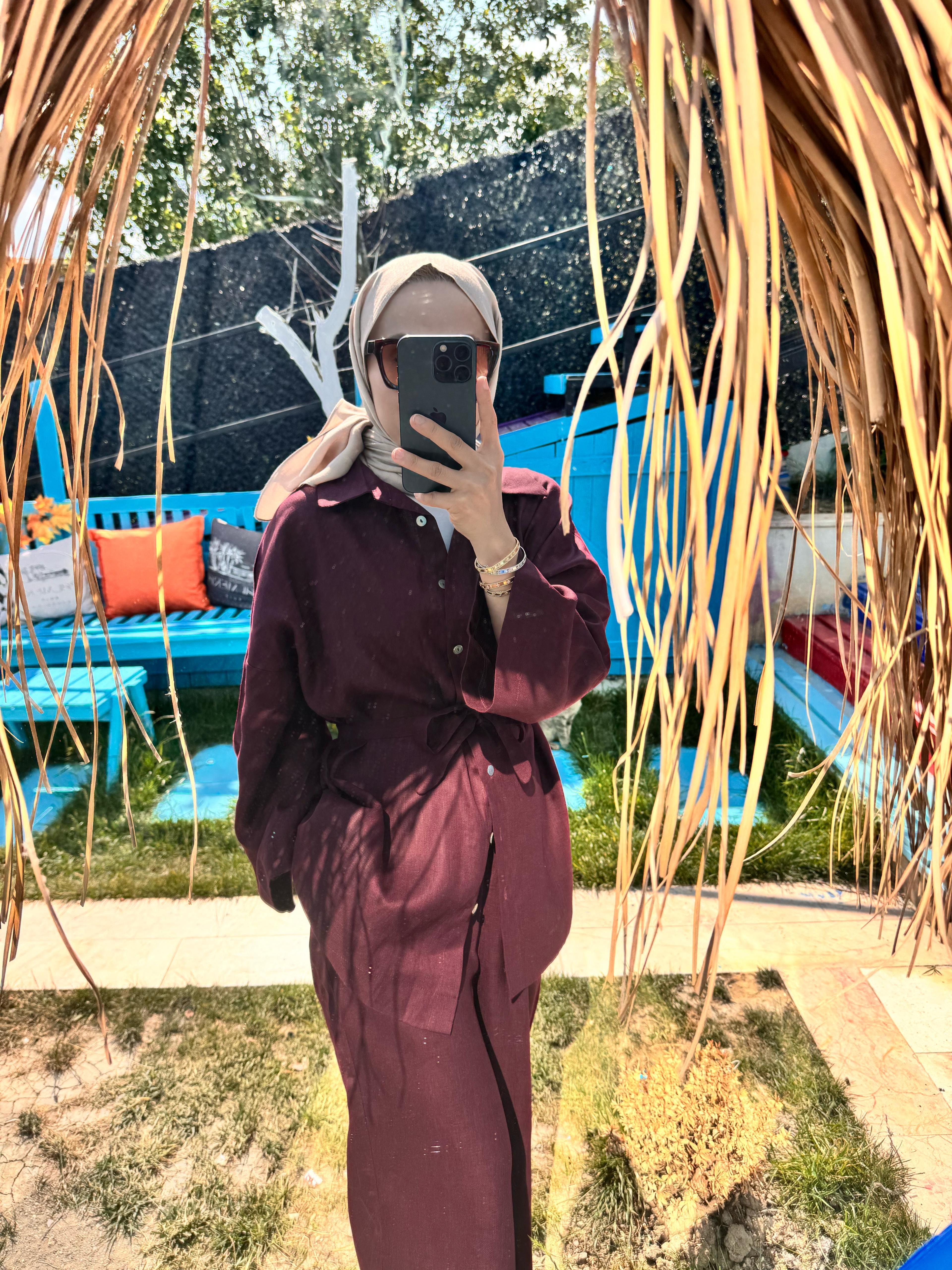 Keten Tam Düğmeli Üst - Bordo