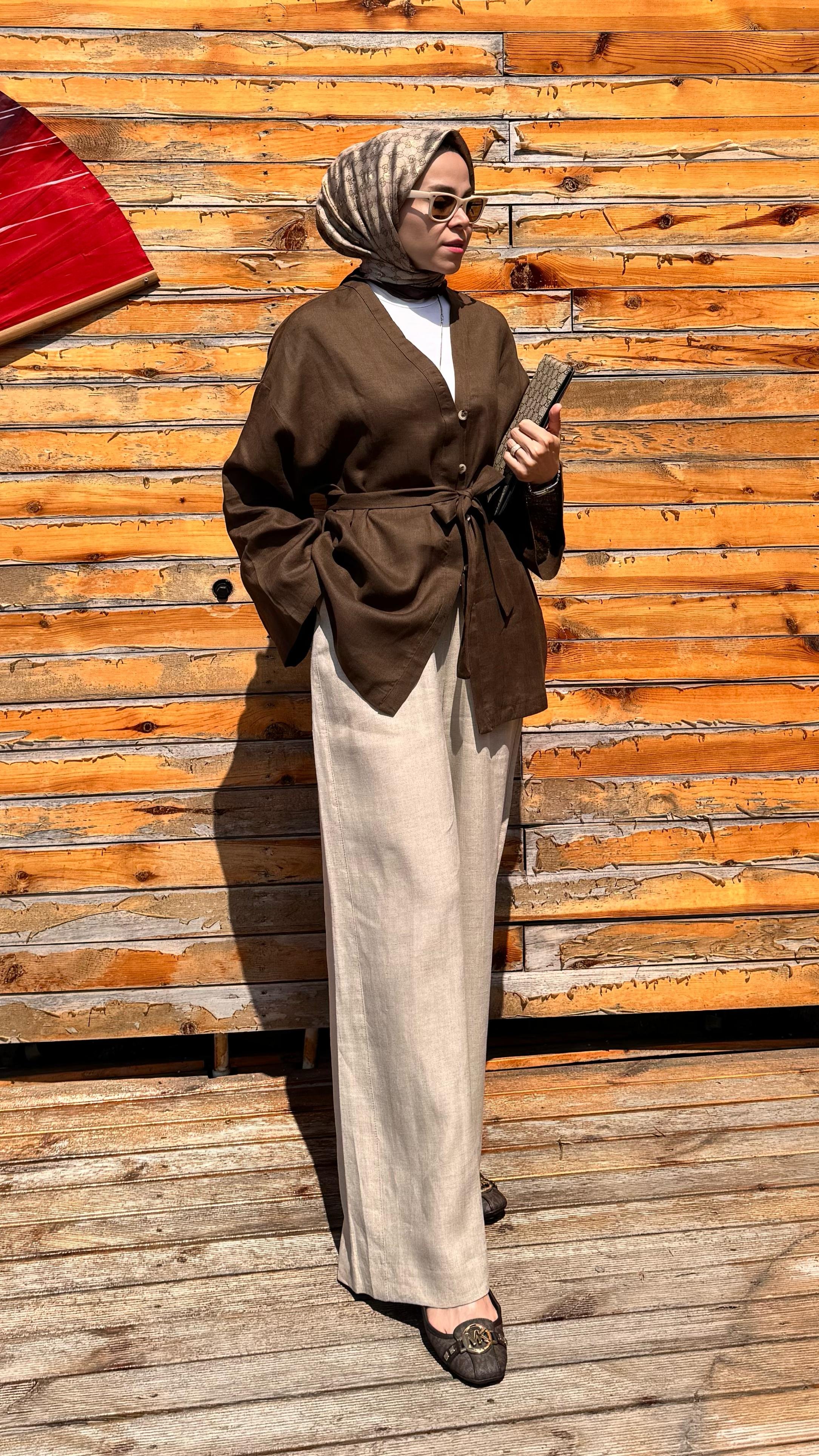 Yarım Düğmeli Keten Kimono - Kahverengi