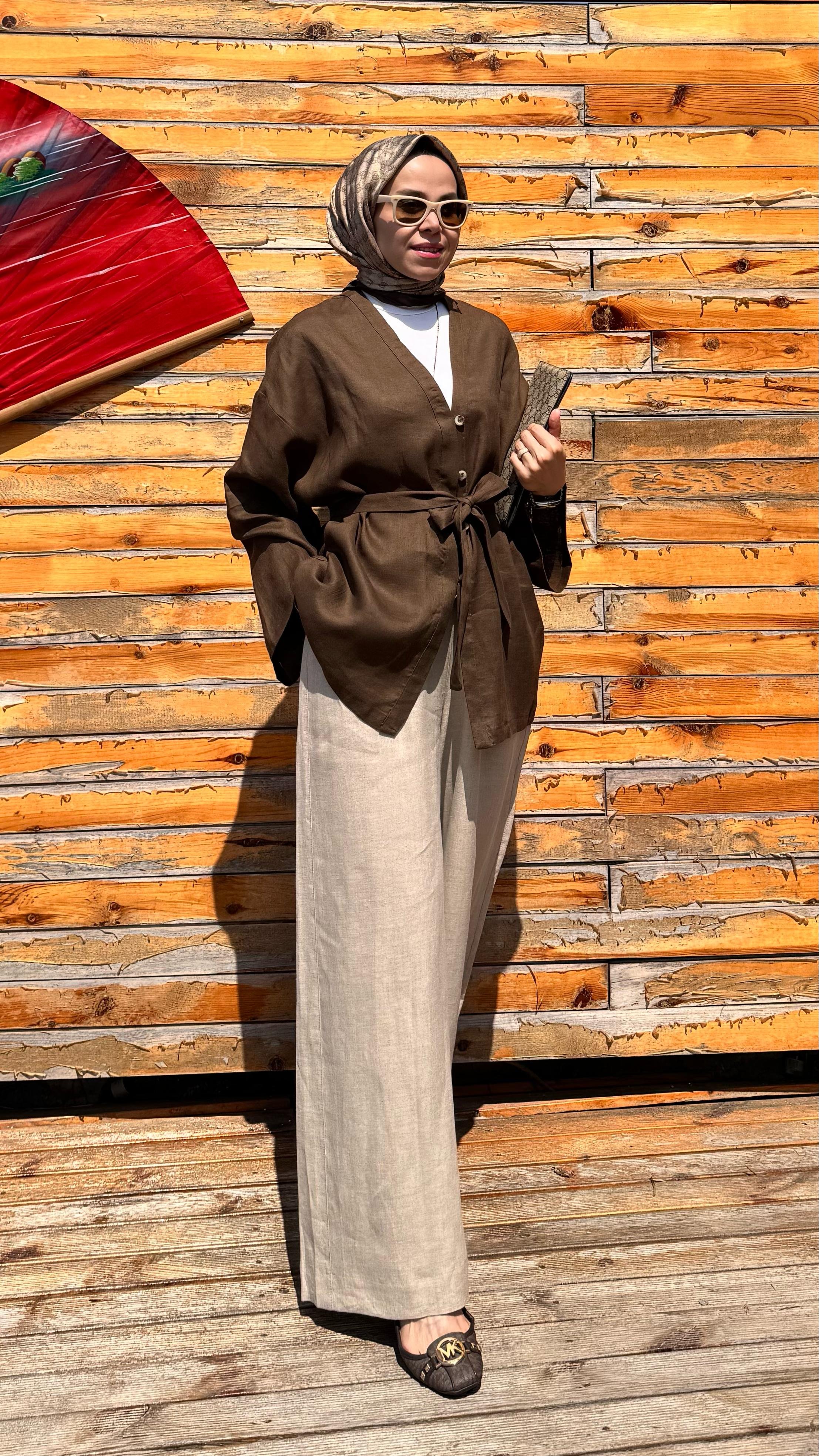 Yarım Düğmeli Keten Kimono - Kahverengi