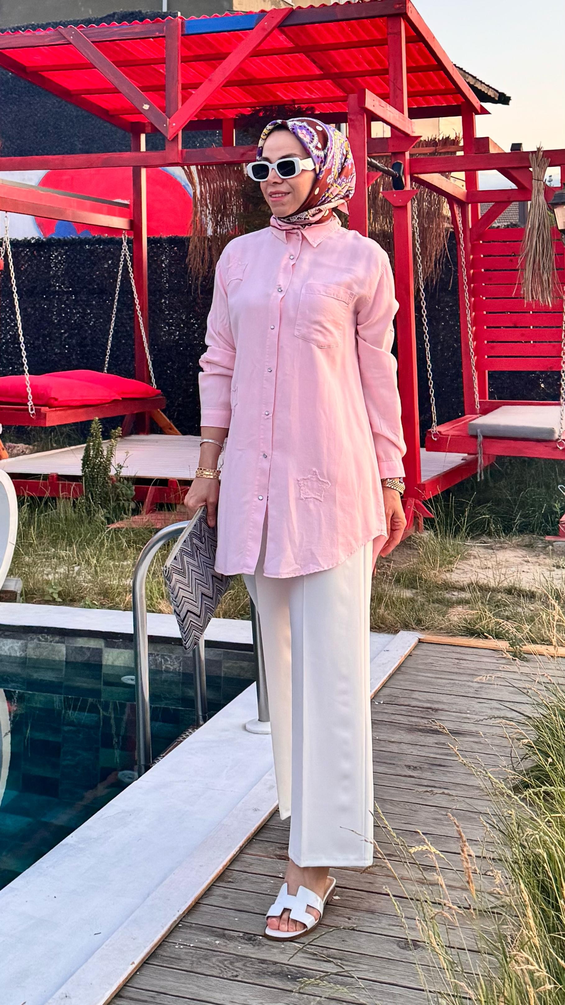 Yıldız Detaylı Tensel Gömlek - Pembe