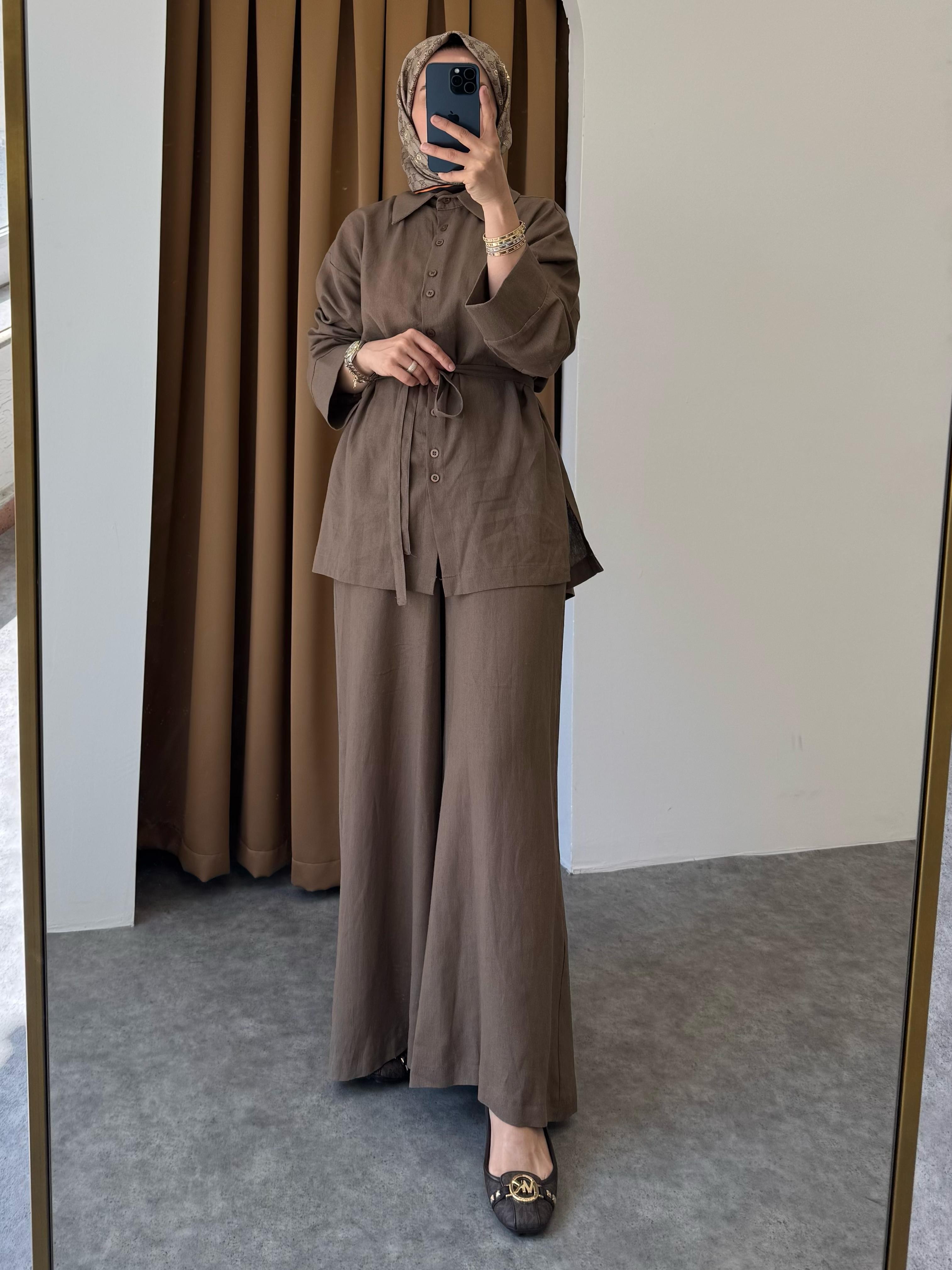 Pantalon Etekli Keten Takım - Kahverengi