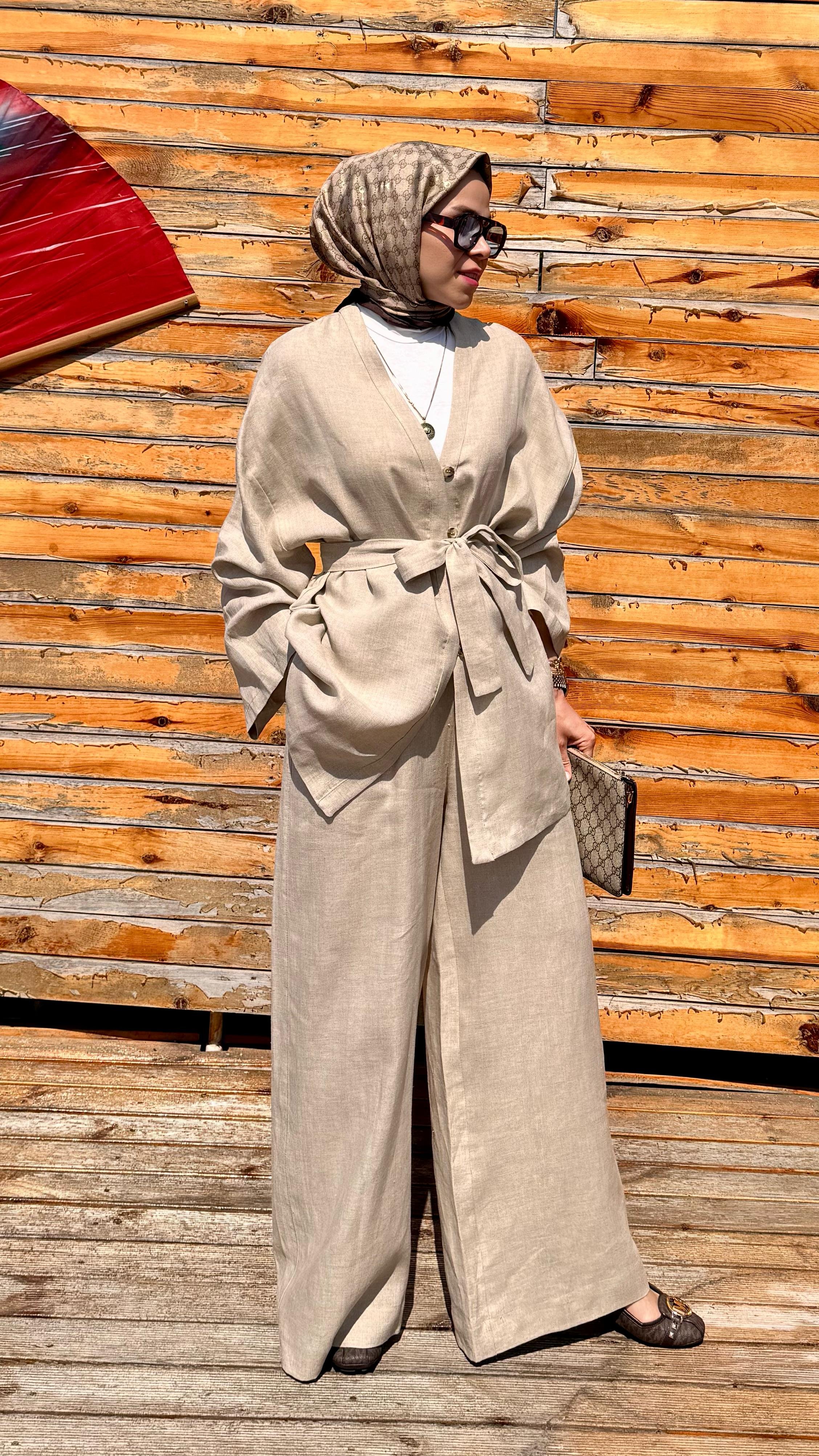 Yarım Düğmeli Keten Kimono - Taş