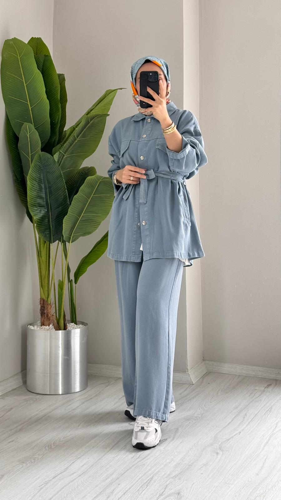 Comfort Fit Kuşaklı Takım - Mavi