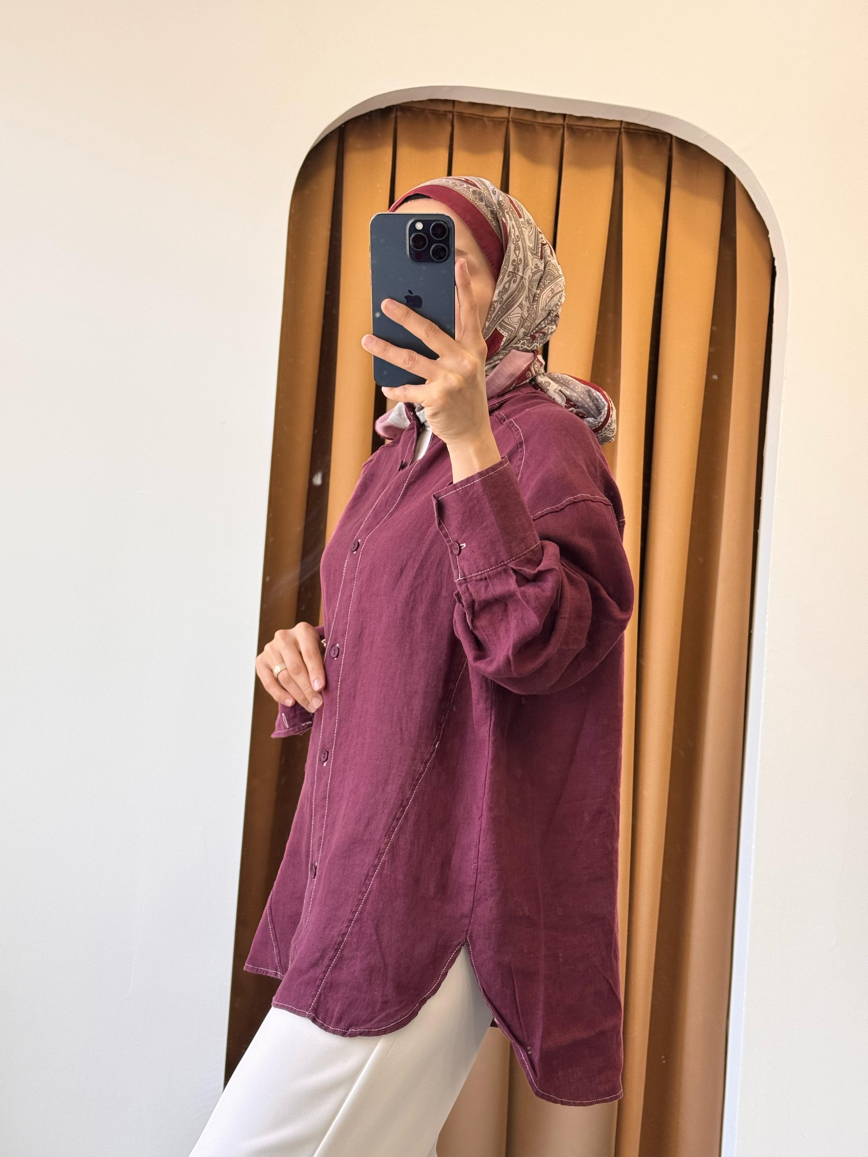 Keten Hakim Yaka Gömlek - Bordo